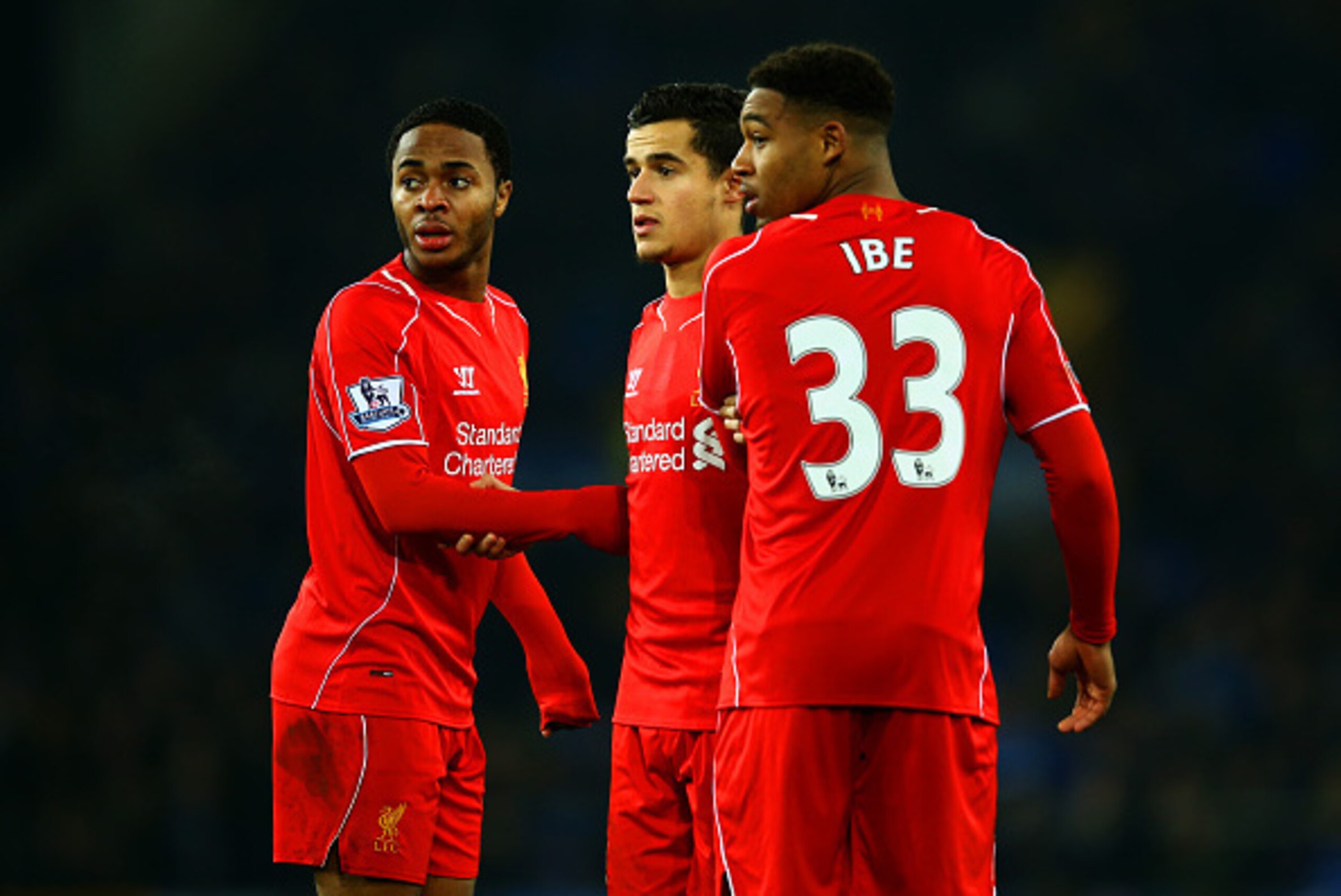 LIVERPOOL, ENGLAND - FEBRUARY 07: (L-R) Raheem Sterling, Philippe Coutinho and Jordon Ibe of Liverpool line up a wall during the Barclays Premier League match between Everton and Liverpool at Goodison Park on February 7, 2015 in Liverpool, England. (Pho LIVERPOOL, ENGLAND - FEBRUARY 07: (L-R) Raheem Sterling, Philippe Coutinho and Jordon Ibe of Liverpool line up a wall during the Barclays Premier League match between Everton and Liverpool at Goodison Park on February 7, 2015 in Liverpool, England. (Pho