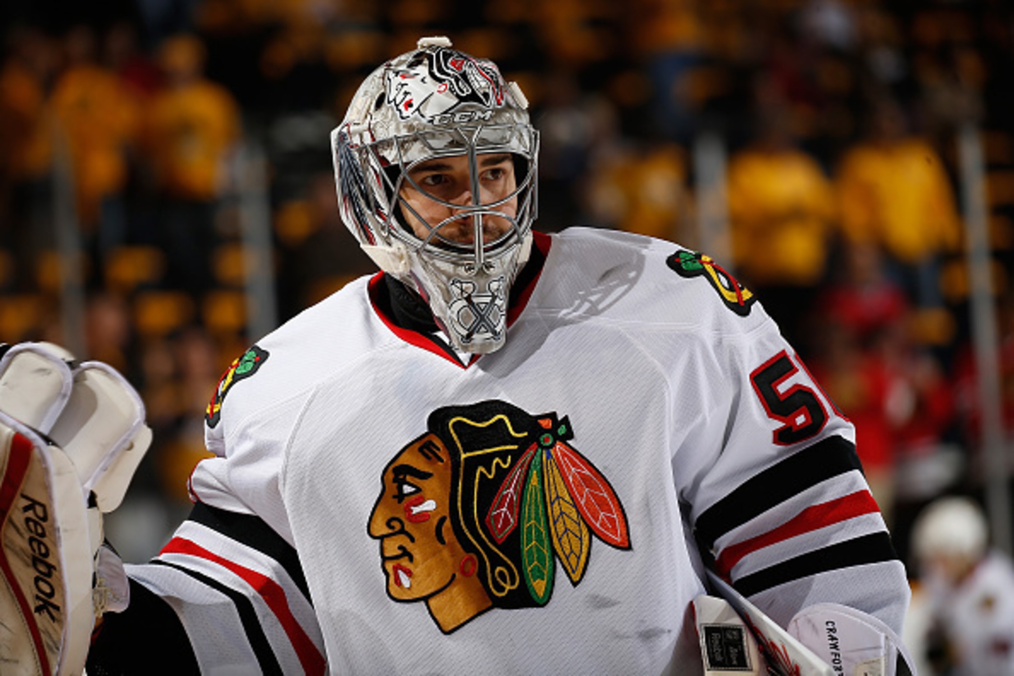 NASHVILLE, TN - APRIL 15: Corey Crawford #50 of the Chicago Blackhawks skates in warm-ups prior to the game against the Nashville Predators in Game One of the Western Conference Quarterfinals during the 2015 NHL Stanley Cup Playoffs at Bridgestone Arena o