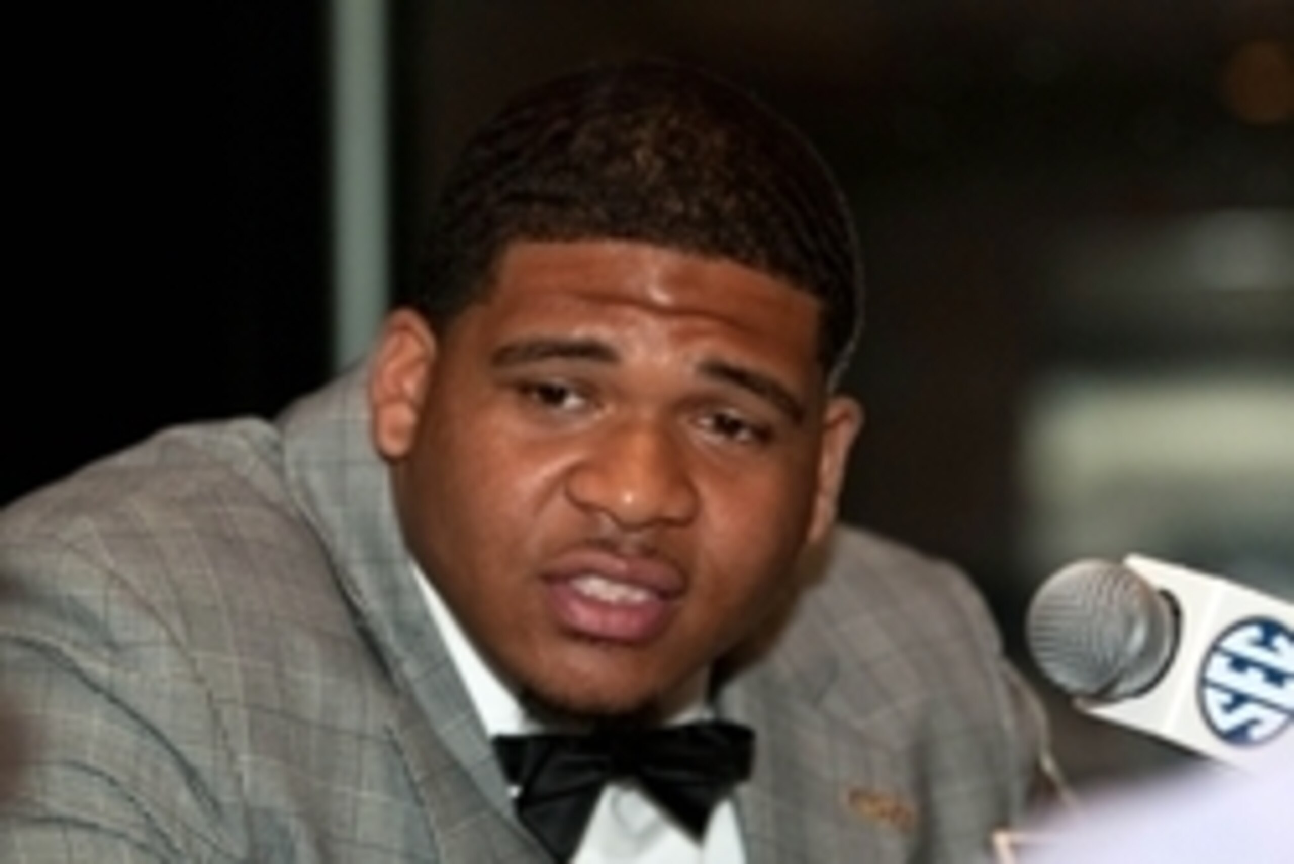 Jul 16, 2014; Hoover, AL, USA; LSU Tigers tackle La'el Collins talks to the media during the SEC Football Media Days at the Wynfrey Hotel. Mandatory Credit: Marvin Gentry-USA TODAY Sports