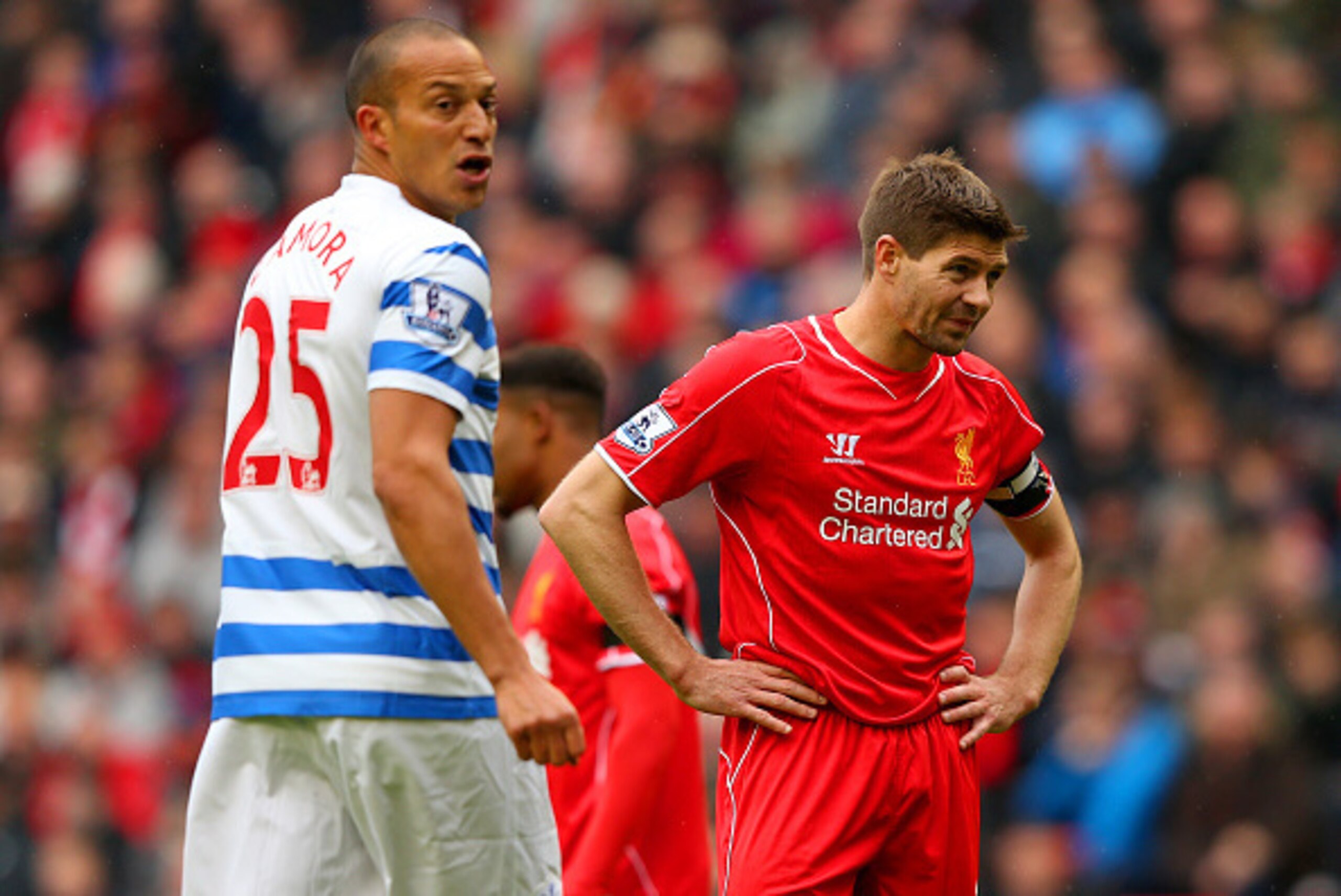 LIVERPOOL, ENGLAND - MAY 02: Steven Gerrard of Liverpool reacts after missing his penalty during the Barclays Premier League match between Liverpool and Queens Park Rangers at Anfield on May 2, 2015 in Liverpool, England. (Photo by Alex Livesey/Getty Im LIVERPOOL, ENGLAND - MAY 02: Steven Gerrard of Liverpool reacts after missing his penalty during the Barclays Premier League match between Liverpool and Queens Park Rangers at Anfield on May 2, 2015 in Liverpool, England. (Photo by Alex Livesey/Getty Im