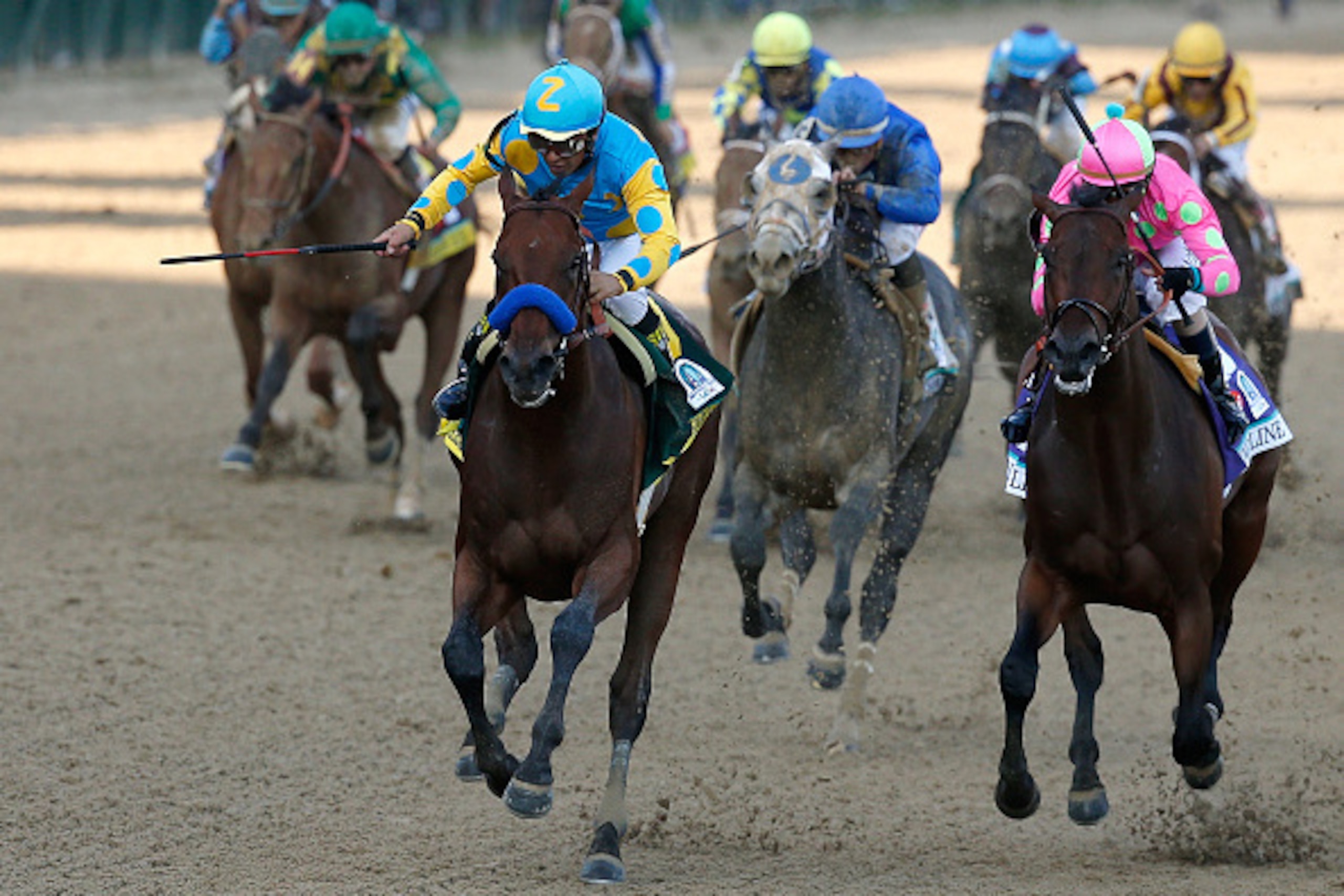 LOUISVILLE, KY - MAY 02:  American Pharoah #18, ridden by Victor Espinoza, leads the field to the finish line ahead of Firing Line #10, ridden by Gary Stevens, and Dortmund #8, ridden by Martin Garcia, during the 141st running of the Kentucky Derby at Chu