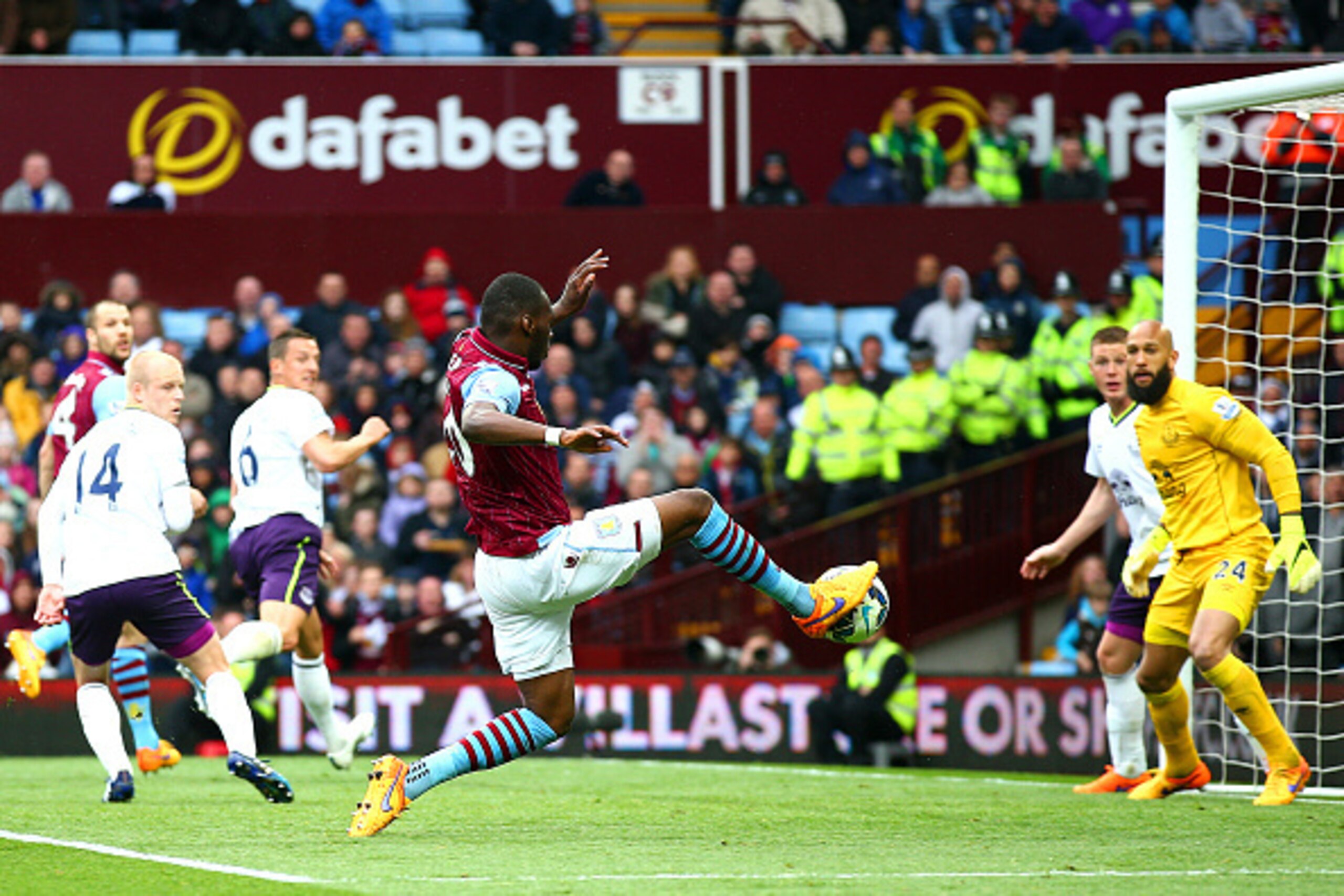 BIRMINGHAM, ENGLAND - MAY 02:  Christian Benteke of Aston Villa scores his team's second goal during the Barclays Premier League match between Aston Villa and Everton at Villa Park on May 2, 2015 in Birmingham, England.  (Photo by Mark Thompson/Getty Imag