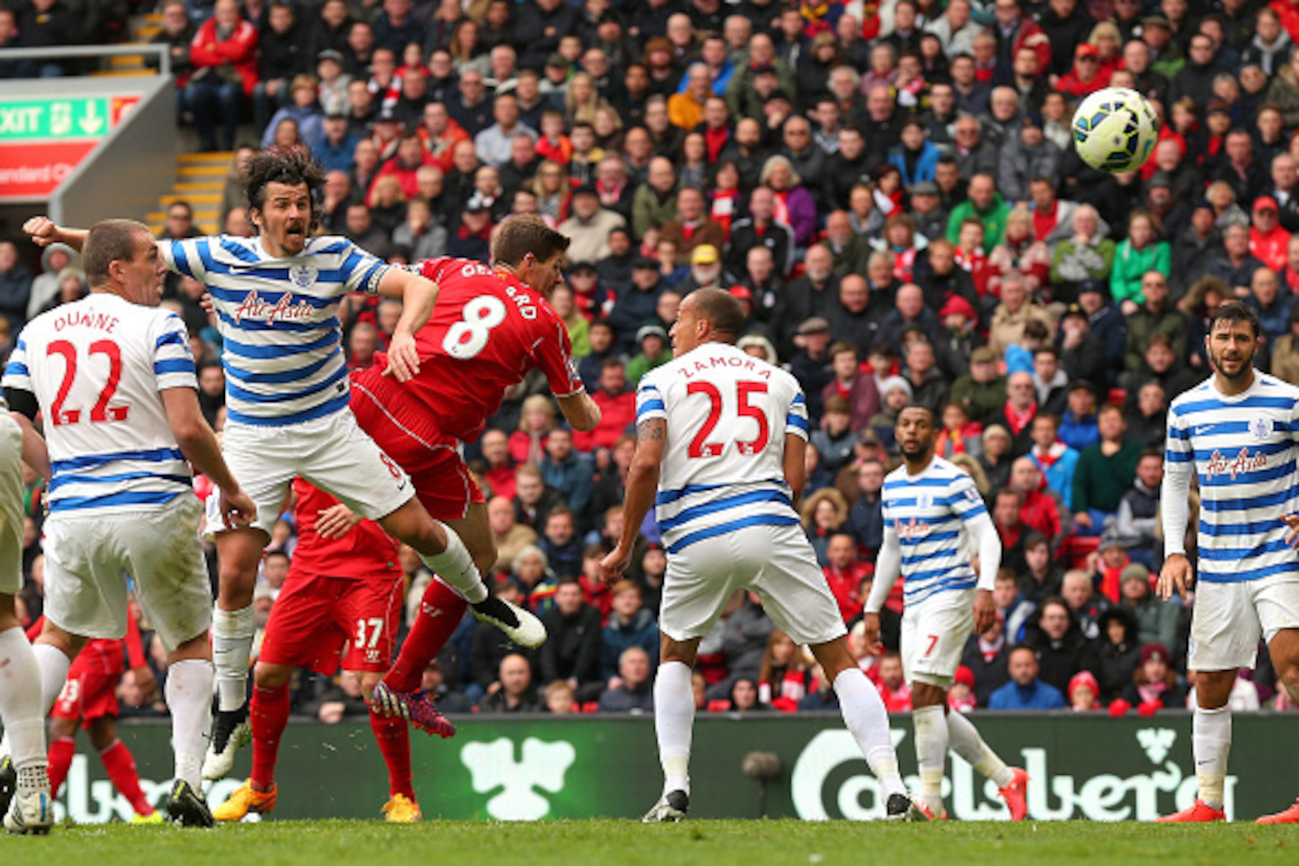 LIVERPOOL, ENGLAND - MAY 02:  Steven Gerrard of Liverpool scores the winning goal with a header during the Barclays Premier League match between Liverpool and Queens Park Rangers at Anfield on May 2, 2015 in Liverpool, England.  (Photo by Alex Livesey/Get