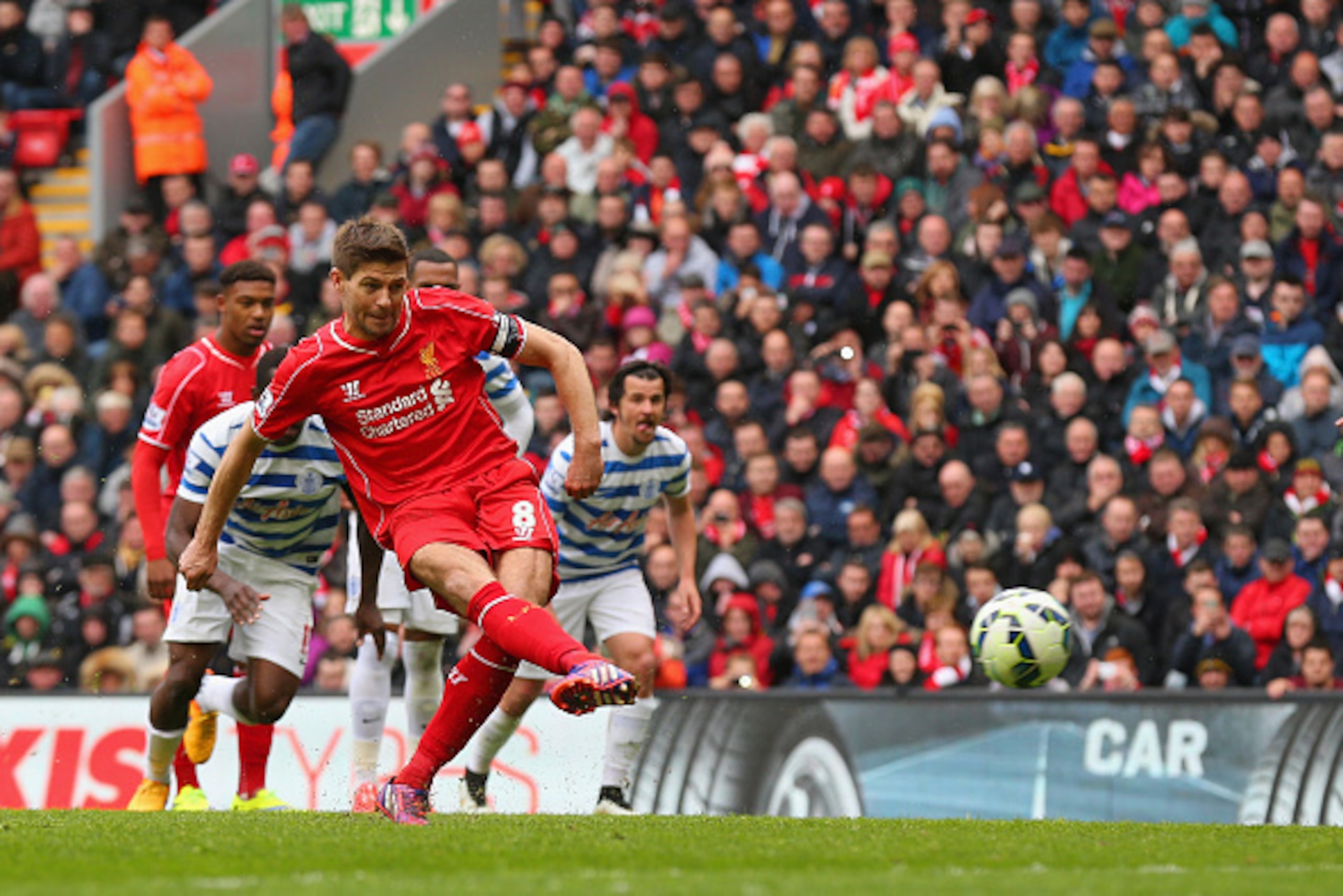 LIVERPOOL, ENGLAND - MAY 02: Steven Gerrard of Liverpool misses from the penalty spot during the Barclays Premier League match between Liverpool and Queens Park Rangers at Anfield on May 2, 2015 in Liverpool, England.  (Photo by Alex Livesey/Getty Images)