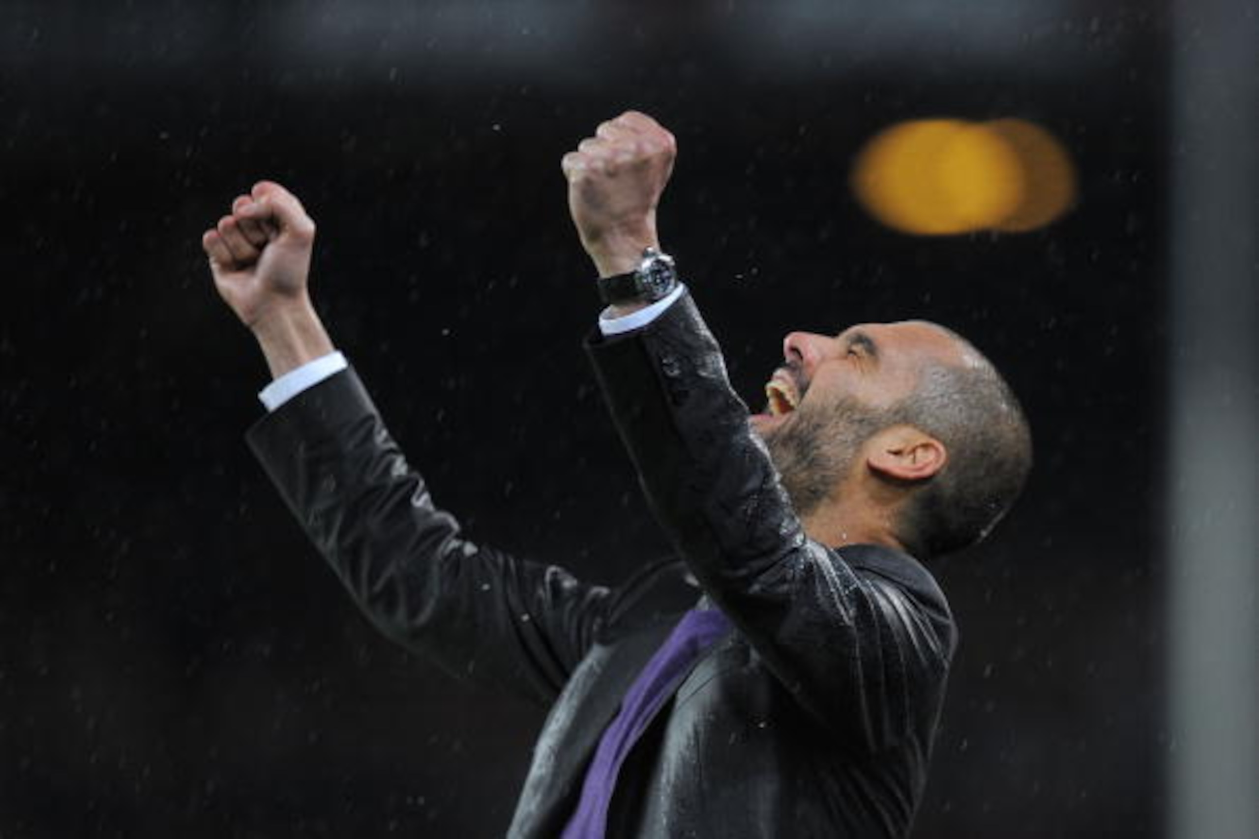 BARCELONA, SPAIN - MAY 04:  Barcelona manager Josep Guardiola celebrates after Pedro Rodriguez scored their third goal during the La Liga match between Barcelona and Tenerife at Camp Nou stadium on May 4, 2010 in Barcelona, Spain.  (Photo by Denis Doyle/G