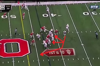 Tevin Coleman runs outside zone.