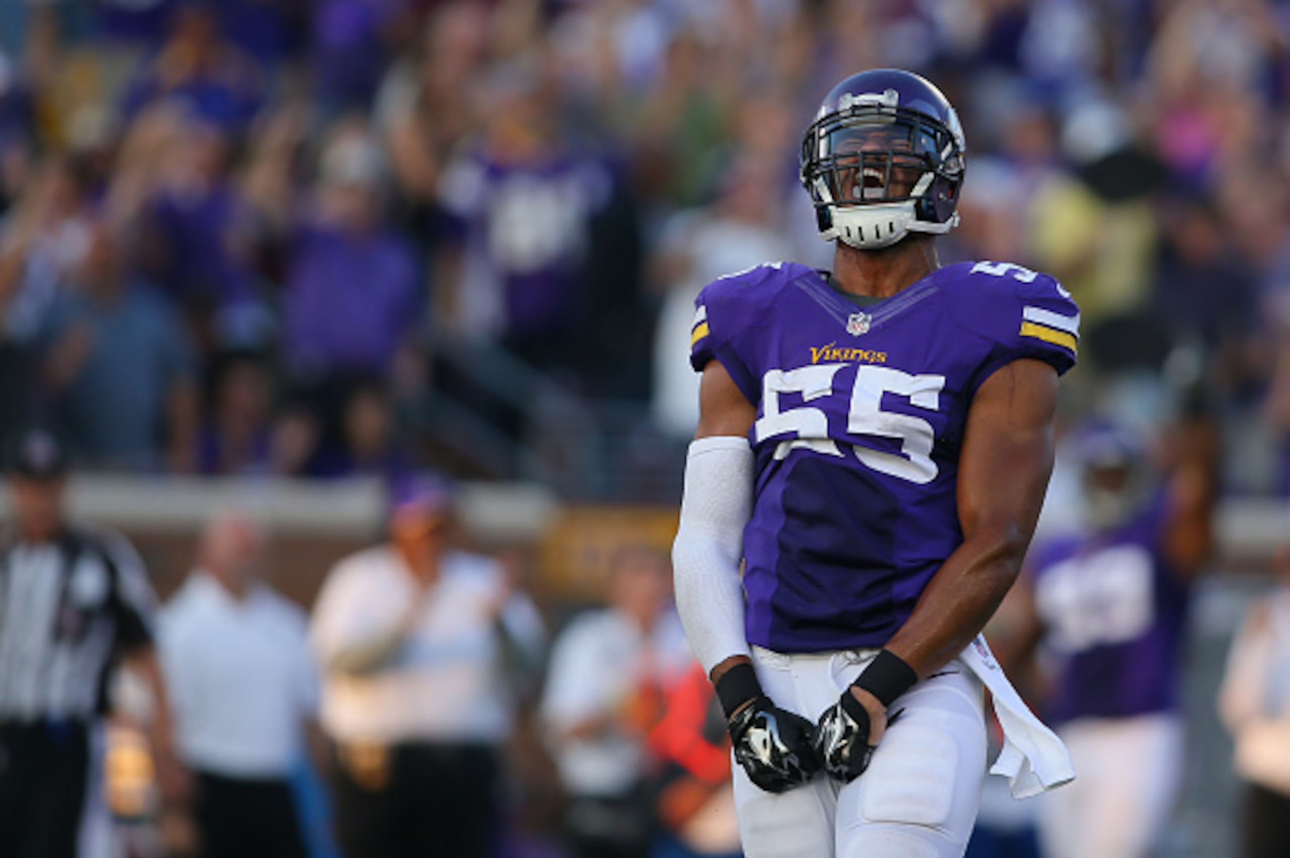 MINNEAPOLIS, MN - SEPTEMBER 28: Anthony Barr #55 of the Minnesota Vikings celebrates his sack of Matt Ryan of the Atlanta Falcons at TCF Bank Stadium on September 28, 2014 in Minneapolis, Minnesota. (Photo by Adam Bettcher/Getty Images)