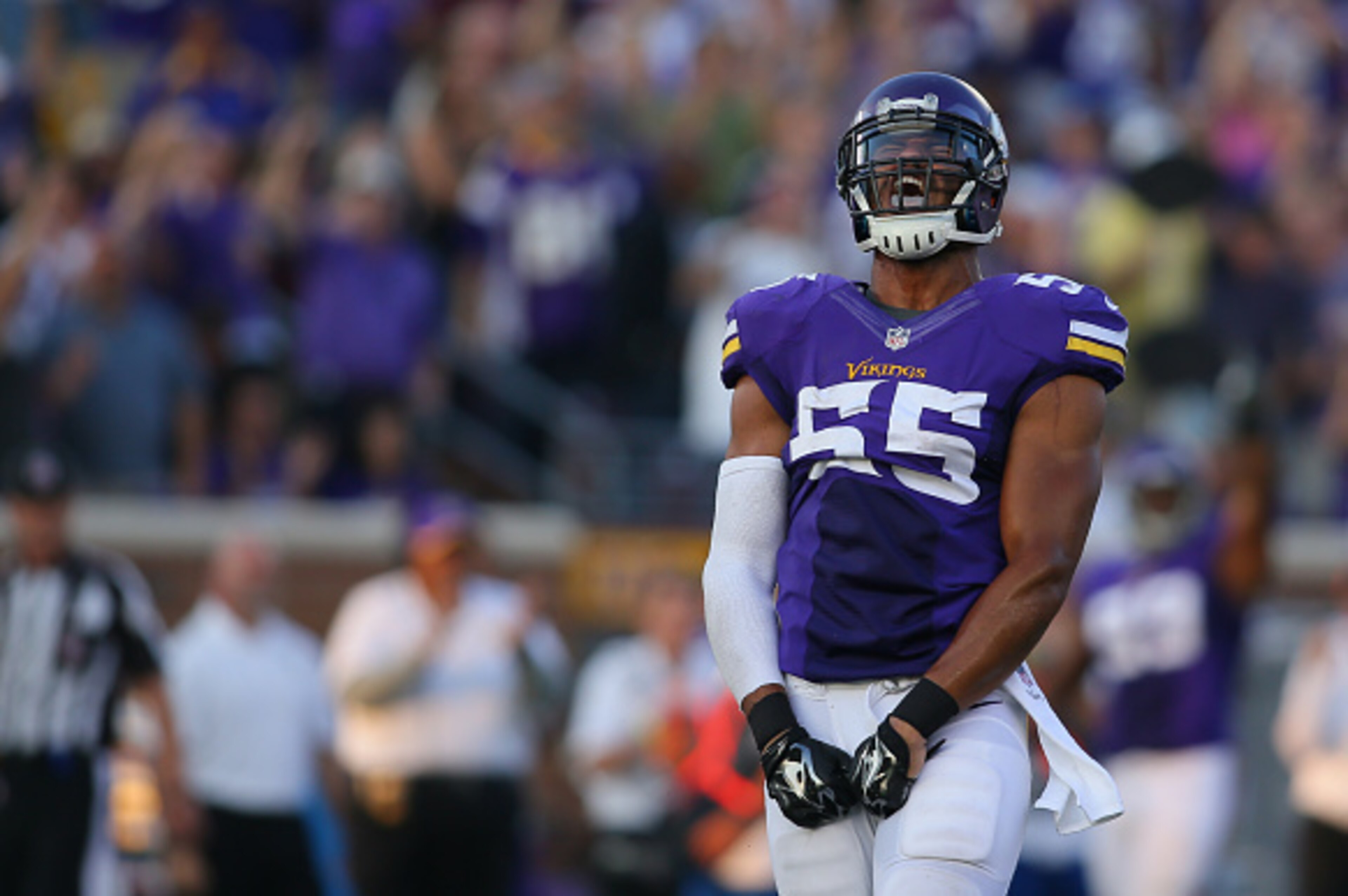 MINNEAPOLIS, MN - SEPTEMBER 28: Anthony Barr #55 of the Minnesota Vikings celebrates his sack of Matt Ryan of the Atlanta Falcons at TCF Bank Stadium on September 28, 2014 in Minneapolis, Minnesota. (Photo by Adam Bettcher/Getty Images)