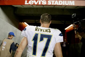 SANTA CLARA, CA - DECEMBER 20:  Quarterback Philip Rivers #17 of the San Diego Chargers celebrates as he leaves the field after the Chargers 38-35 overtime win against the San Francisco 49ers at Levi's Stadium on December 20, 2014 in Santa Clara, Californ