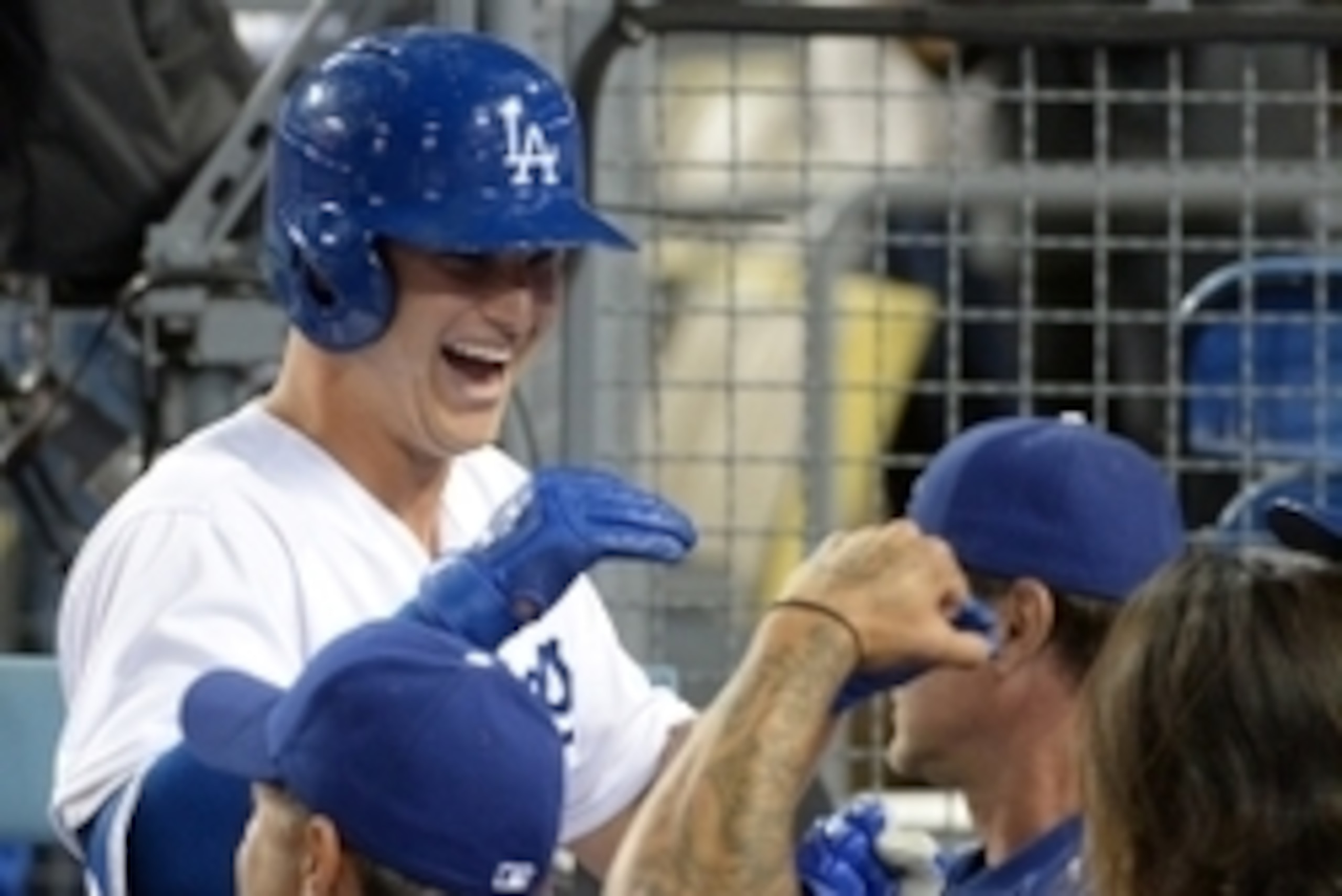 Apr 27, 2015; Los Angeles, CA, USA; Los Angeles Dodgers center fielder Joc Pederson (31) celebrates with teammates after hitting a solo home run in the sixth inning against the San Francisco Giants at Dodger Stadium. The Dodgers defeated the Giants 8-3. M