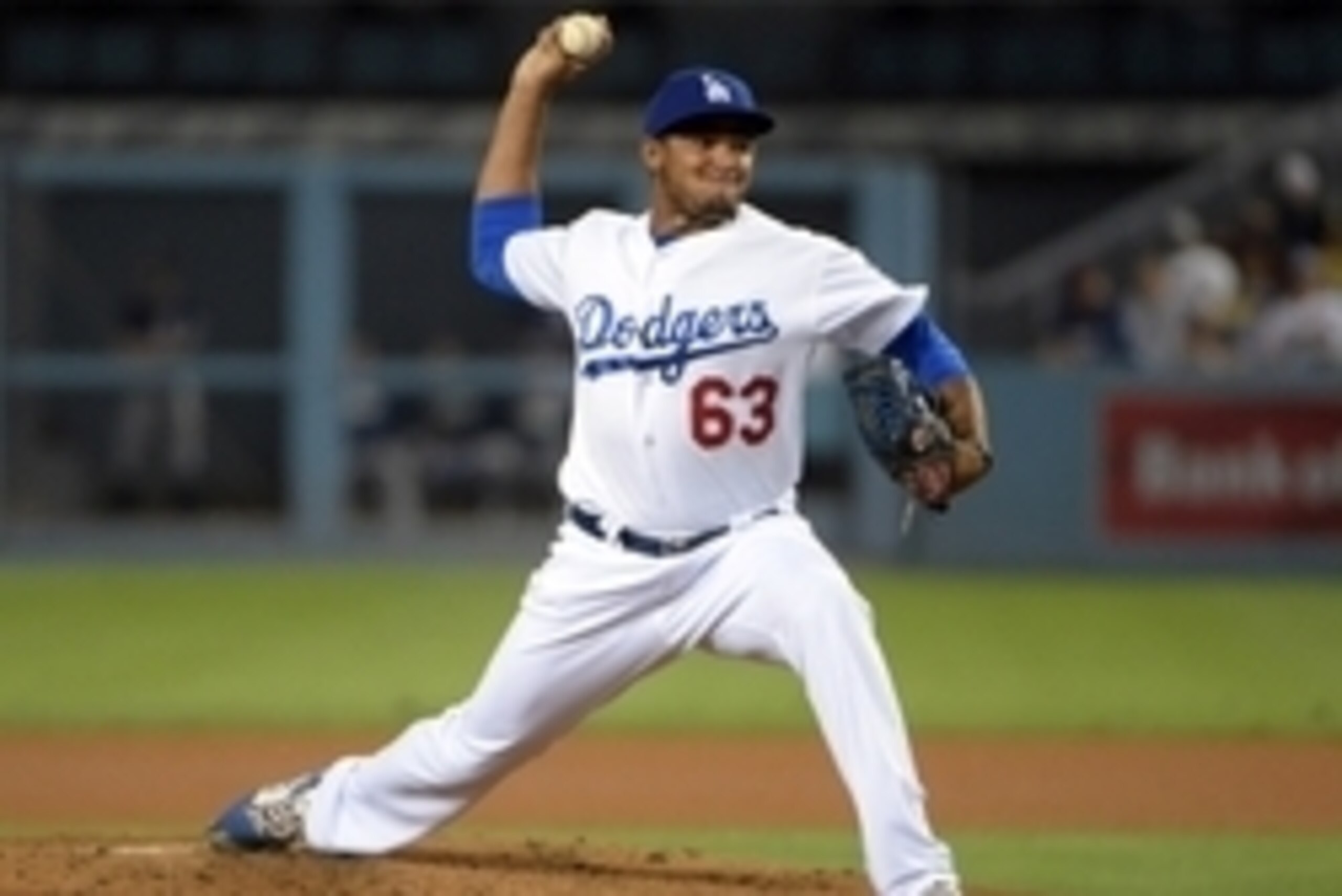 Sep 9, 2014; Los Angeles, CA, USA; Los Angeles Dodgers reliever Yimi Garcia (63) delivers a pitch against the San Diego Padres at Dodger Stadium. Mandatory Credit: Kirby Lee-USA TODAY Sports