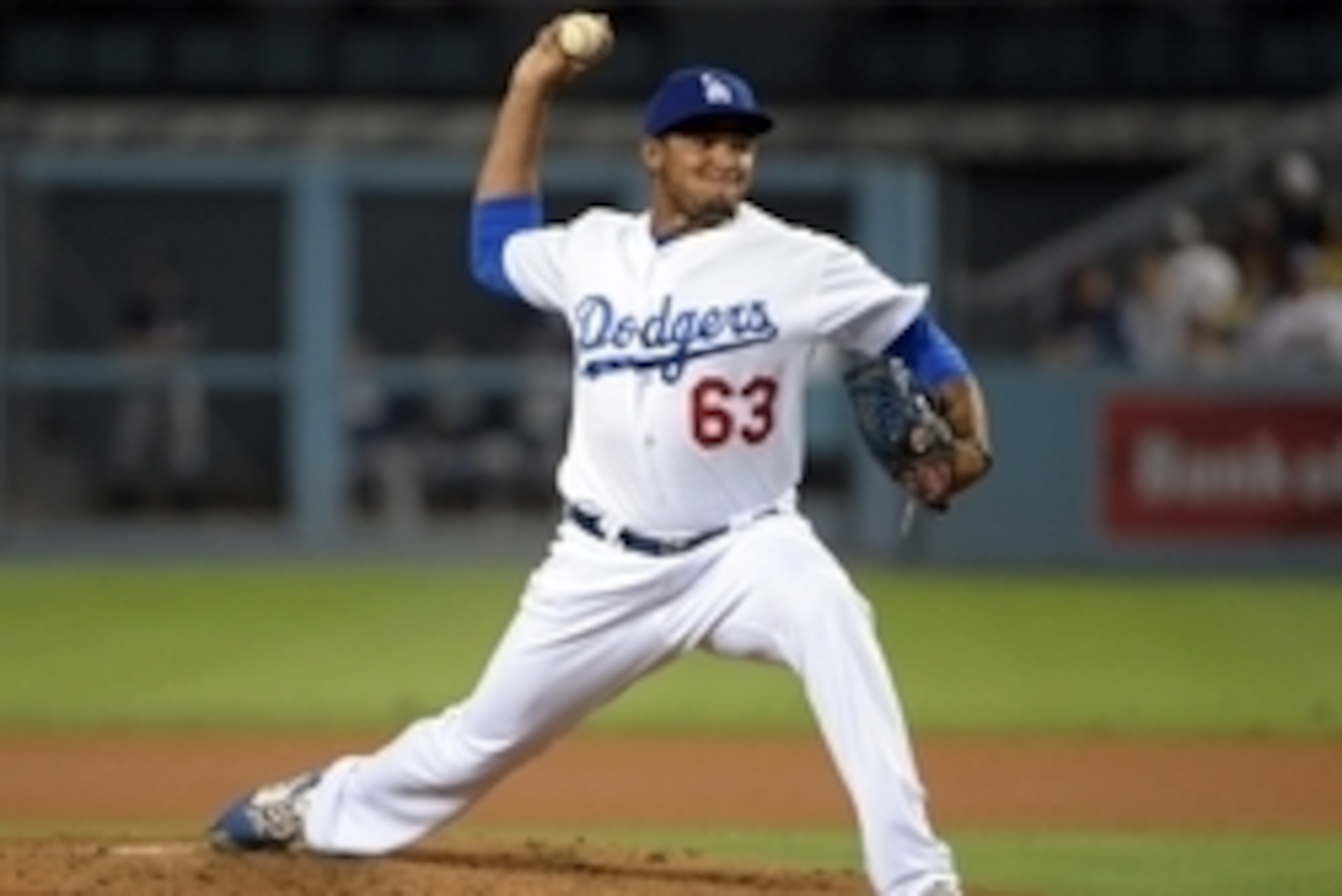 Sep 9, 2014; Los Angeles, CA, USA; Los Angeles Dodgers reliever Yimi Garcia (63) delivers a pitch against the San Diego Padres at Dodger Stadium. Mandatory Credit: Kirby Lee-USA TODAY Sports