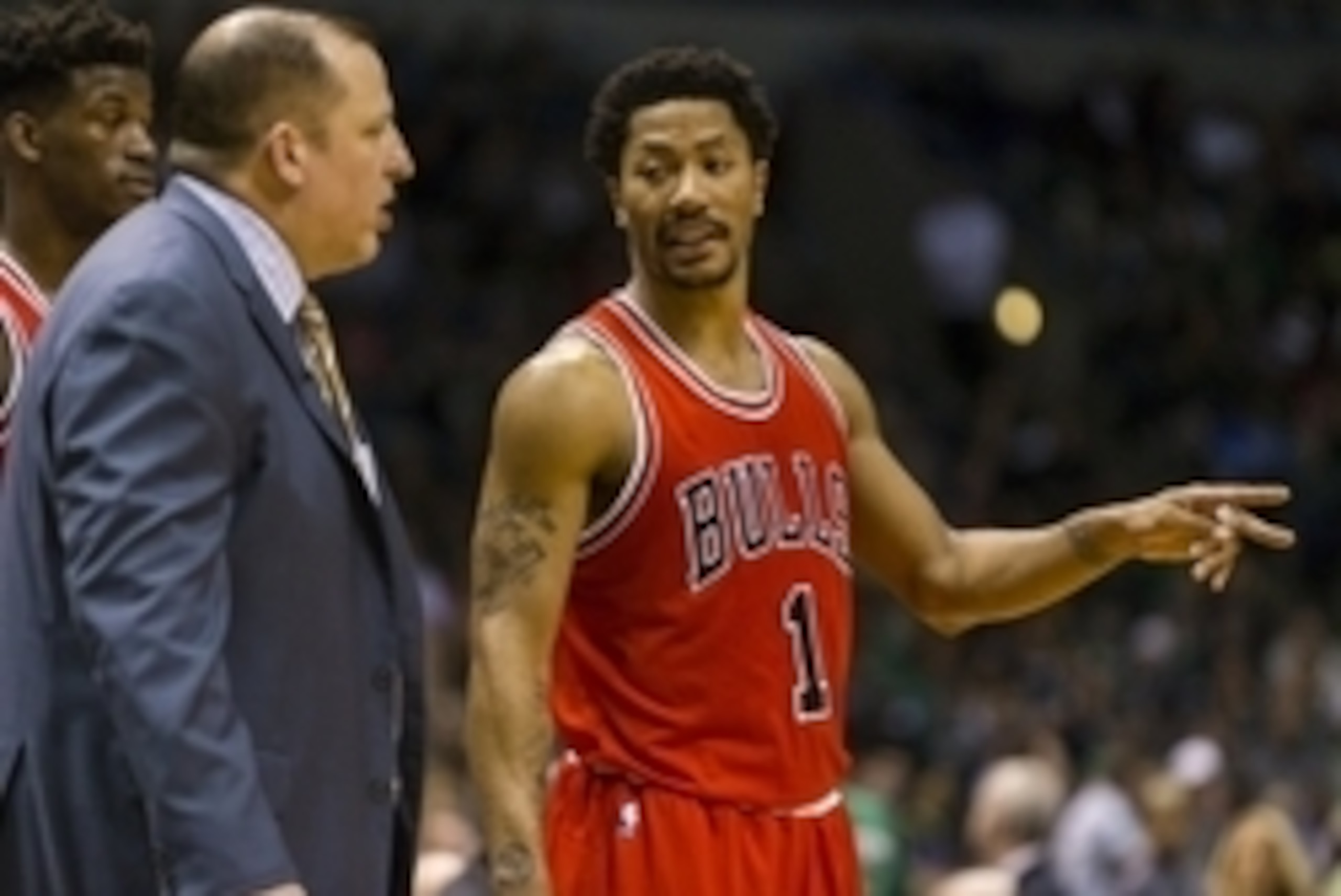 Apr 30, 2015; Milwaukee, WI, USA; Chicago Bulls guard Derrick Rose (1) talks with head coach Tom Thibodeau during the second quarter against the Milwaukee Bucks in game six of the first round of the NBA Playoffs. at BMO Harris Bradley Center. Mandatory Cr