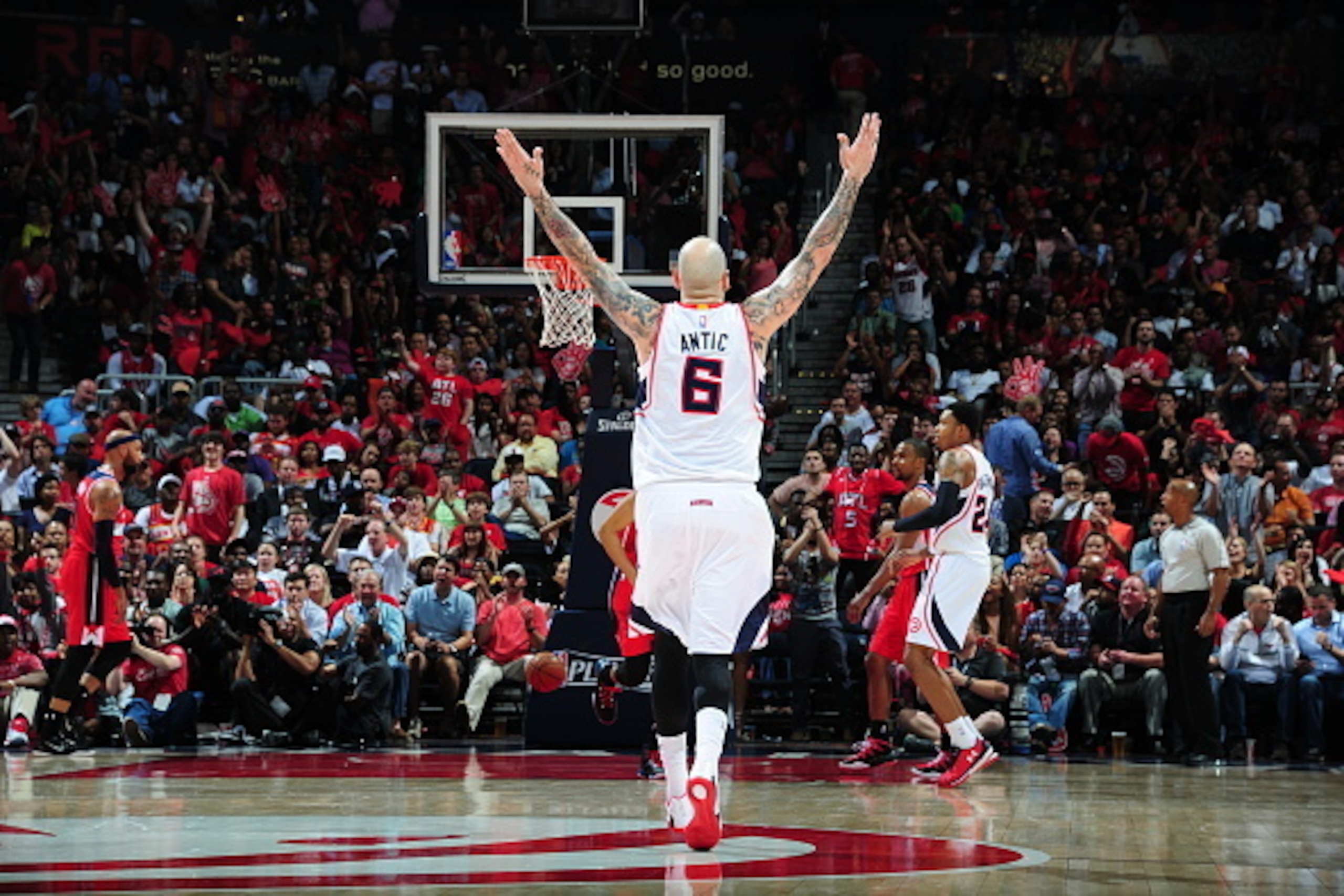 ATLANTA, GA - MAY 5: Pero Antic #6 of the Atlanta Hawks during the game against the Washington Wizards in Game Two of the Eastern Conference Semifinals of the NBA Playoffs on May 5, 2015 at Philips Arena in Atlanta, Georgia.  NOTE TO USER: User expressly 