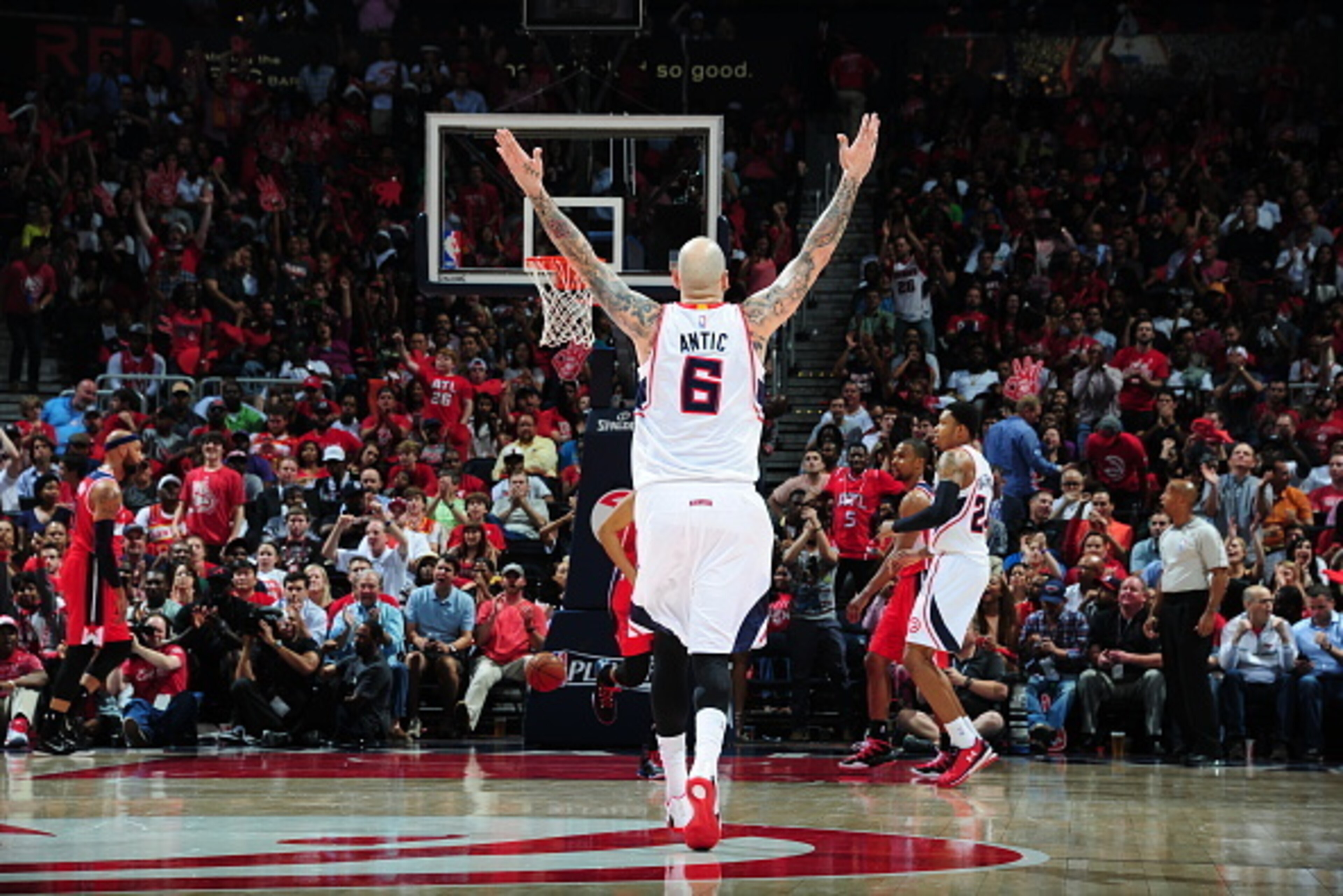 ATLANTA, GA - MAY 5: Pero Antic #6 of the Atlanta Hawks during the game against the Washington Wizards in Game Two of the Eastern Conference Semifinals of the NBA Playoffs on May 5, 2015 at Philips Arena in Atlanta, Georgia.  NOTE TO USER: User expressly 