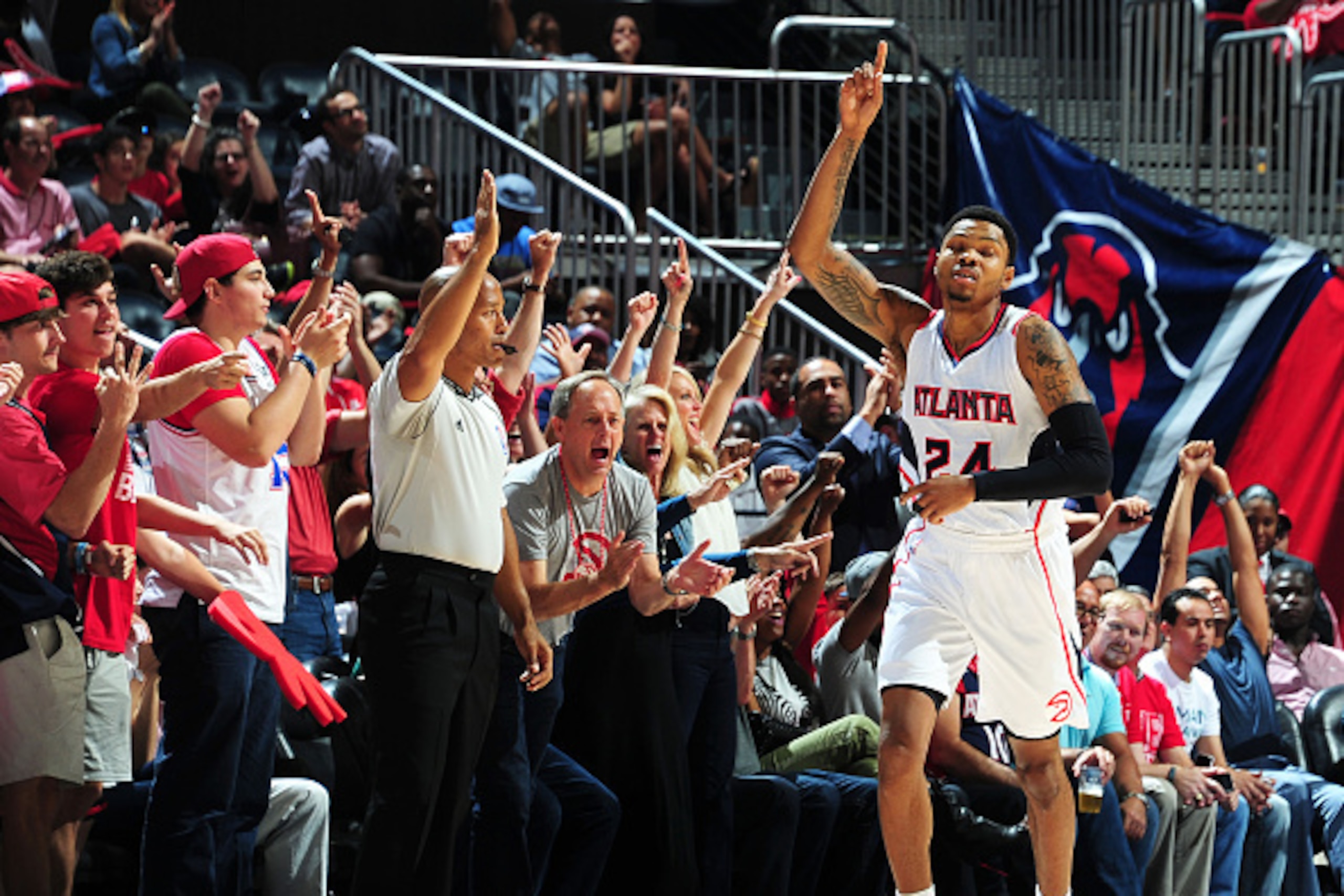 ATLANTA, GA - MAY 5: Kent Bazemore #24 of the Atlanta Hawks during the game against the Washington Wizards in Game Two of the Eastern Conference Semifinals of the NBA Playoffs on May 5, 2015 at Philips Arena in Atlanta, Georgia.  NOTE TO USER: User expres