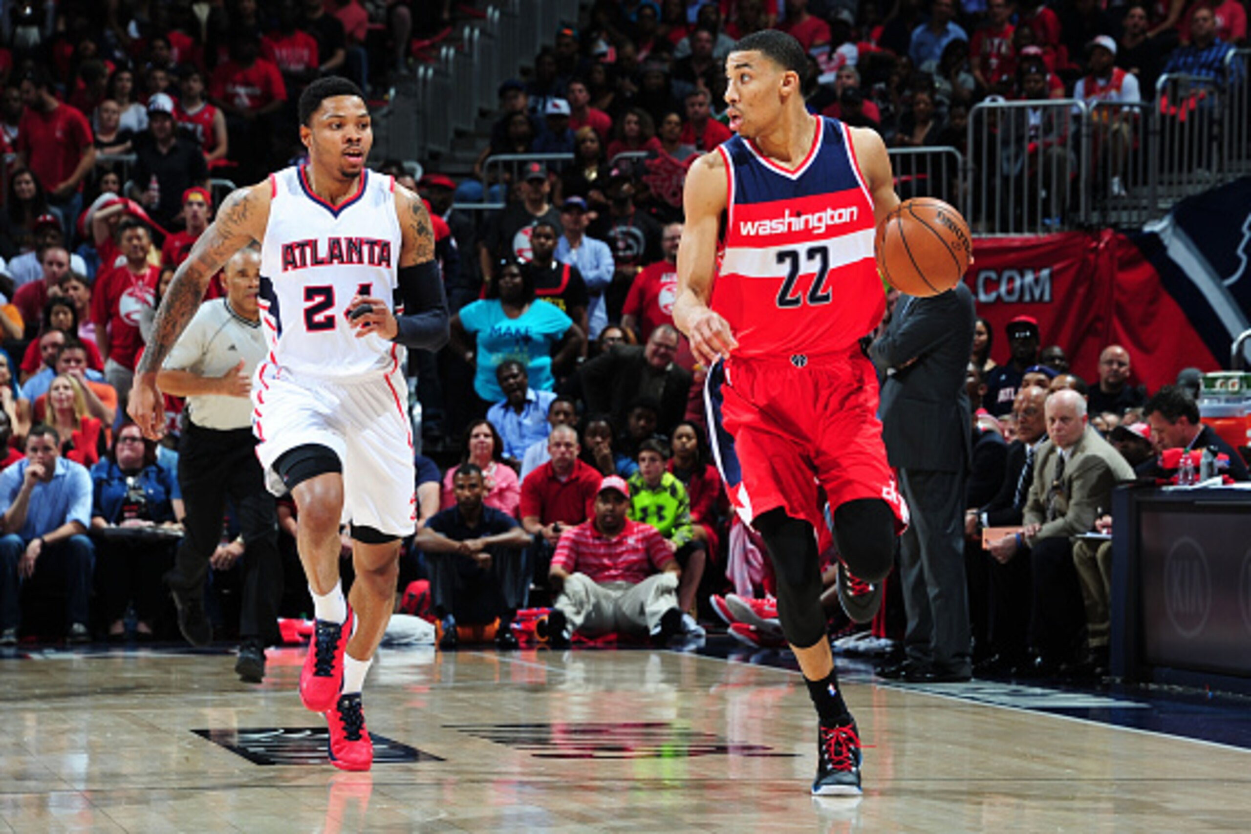 ATLANTA, GA - MAY 5: Otto Porter Jr. #22 of the Washington Wizards handles the ball against the Atlanta Hawks in Game Two of the Eastern Conference Semifinals of the NBA Playoffs on May 5, 2015 at Philips Arena in Atlanta, Georgia.  NOTE TO USER: User exp