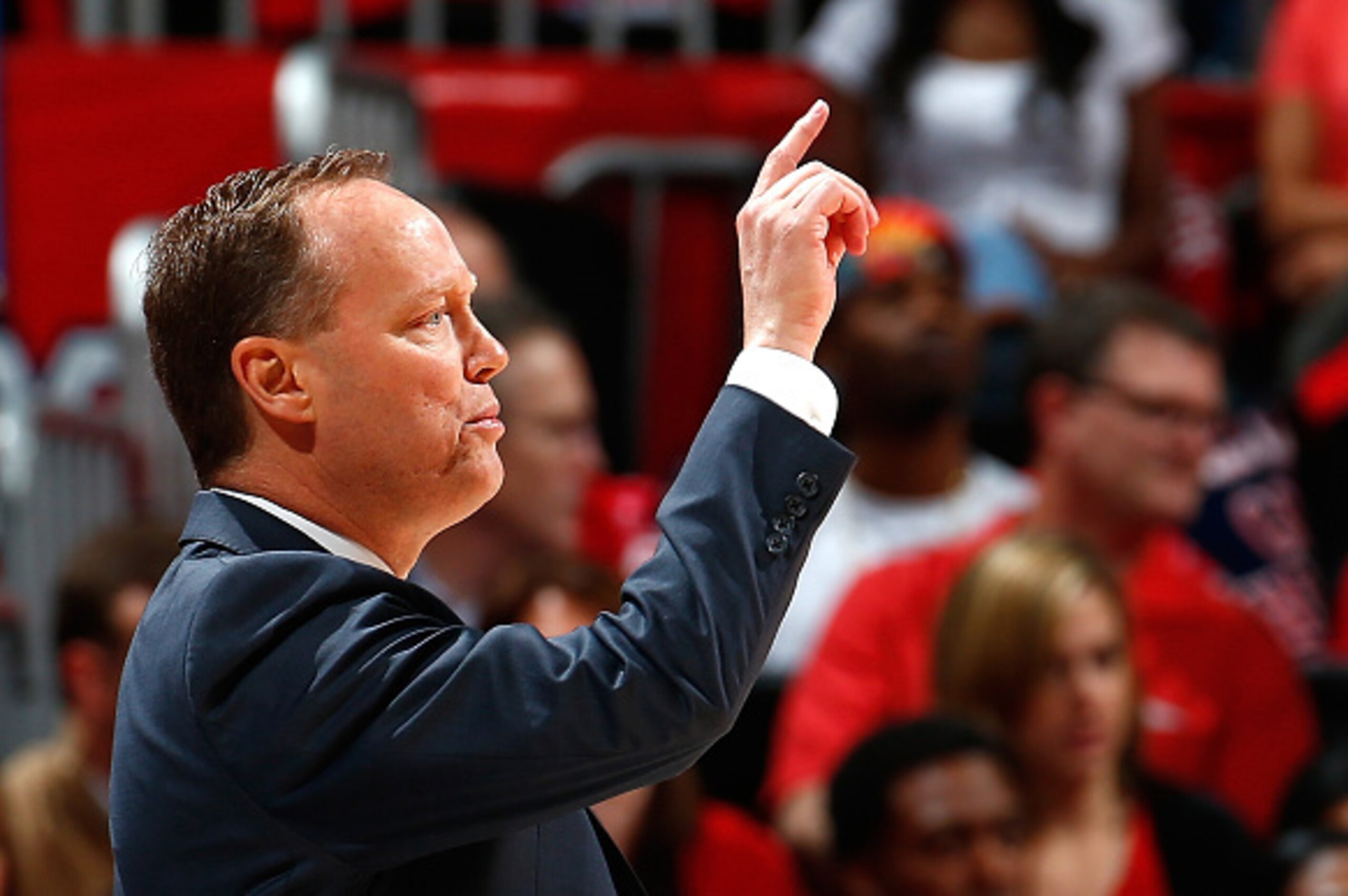 ATLANTA, GA - APRIL 29:  Mike Budenholzer of the Atlanta Hawks calls out to his team against the Brooklyn Nets during Game Five of the Eastern Conference Quarterfinals of the NBA Playoffs at Philips Arena on April 29, 2015 in Atlanta, Georgia.  NOTE TO US