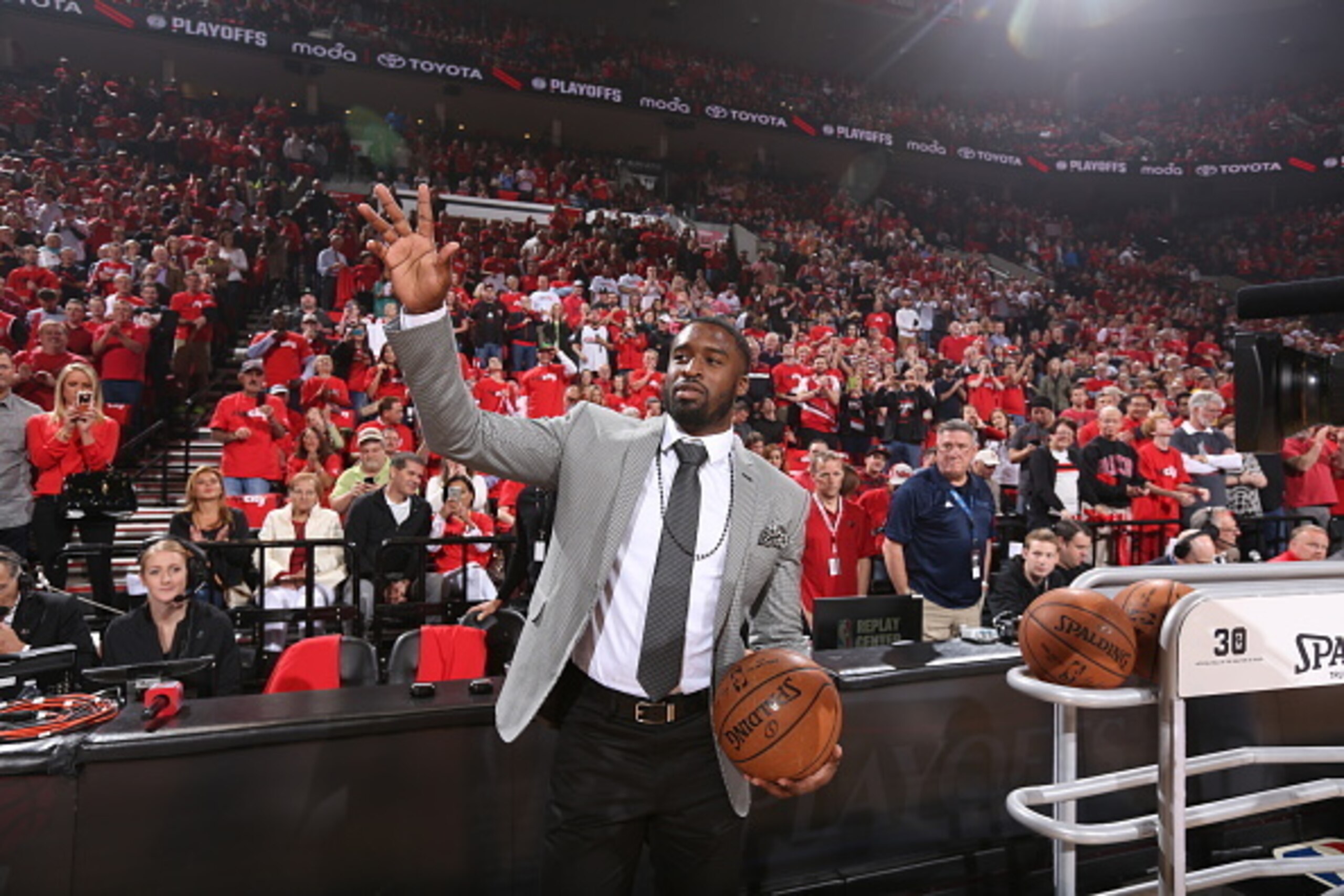 PORTLAND, OR - APRIL 25: Wesley Matthews #2 of the Portland Trail Blazers stands on the court during a game against the Memphis Grizzlies in Game Three of the Western Conference Quarterfinals during the 2015 NBA Playoffs on April 25, 2015 at the Moda Cent