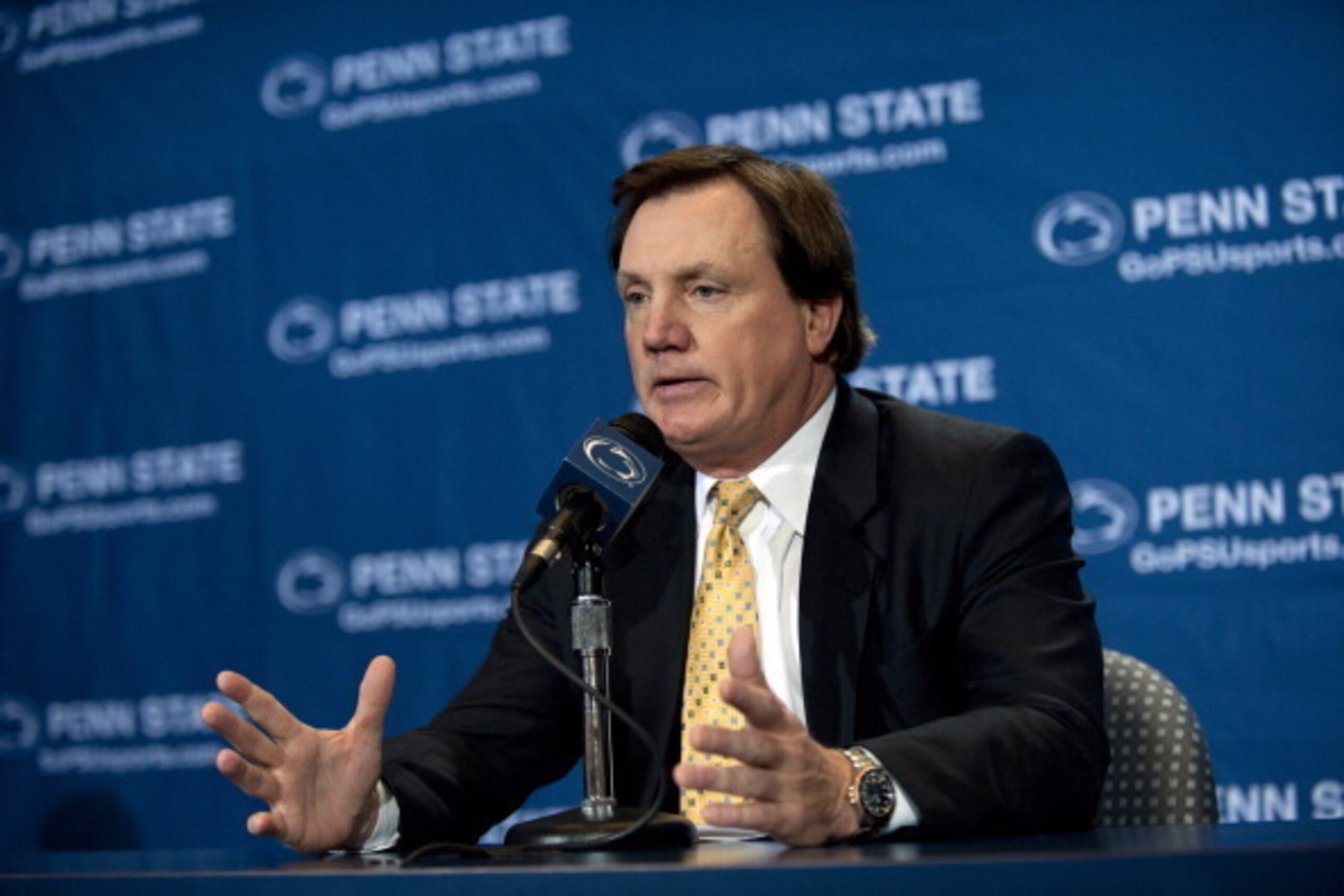 STATE COLLEGE, PA - NOVEMBER 10: Tom Bradley addresses the media after he was named interim head football coach at Penn State during a press conference at Beaver Stadium on November 10, 2011 in State College, Pennsylvania. Bradley was named interim head f