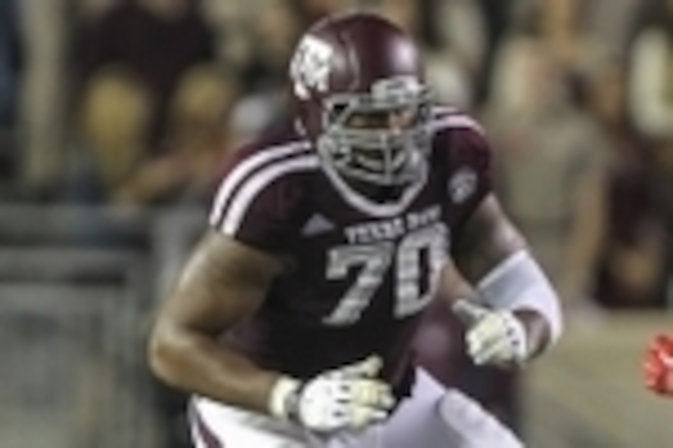 Oct 11, 2014; College Station, TX, USA; Texas A&M Aggies offensive lineman Cedric Ogbuehi (70) during a game against the Mississippi Rebels at Kyle Field. Mandatory Credit: Troy Taormina-USA TODAY Sports