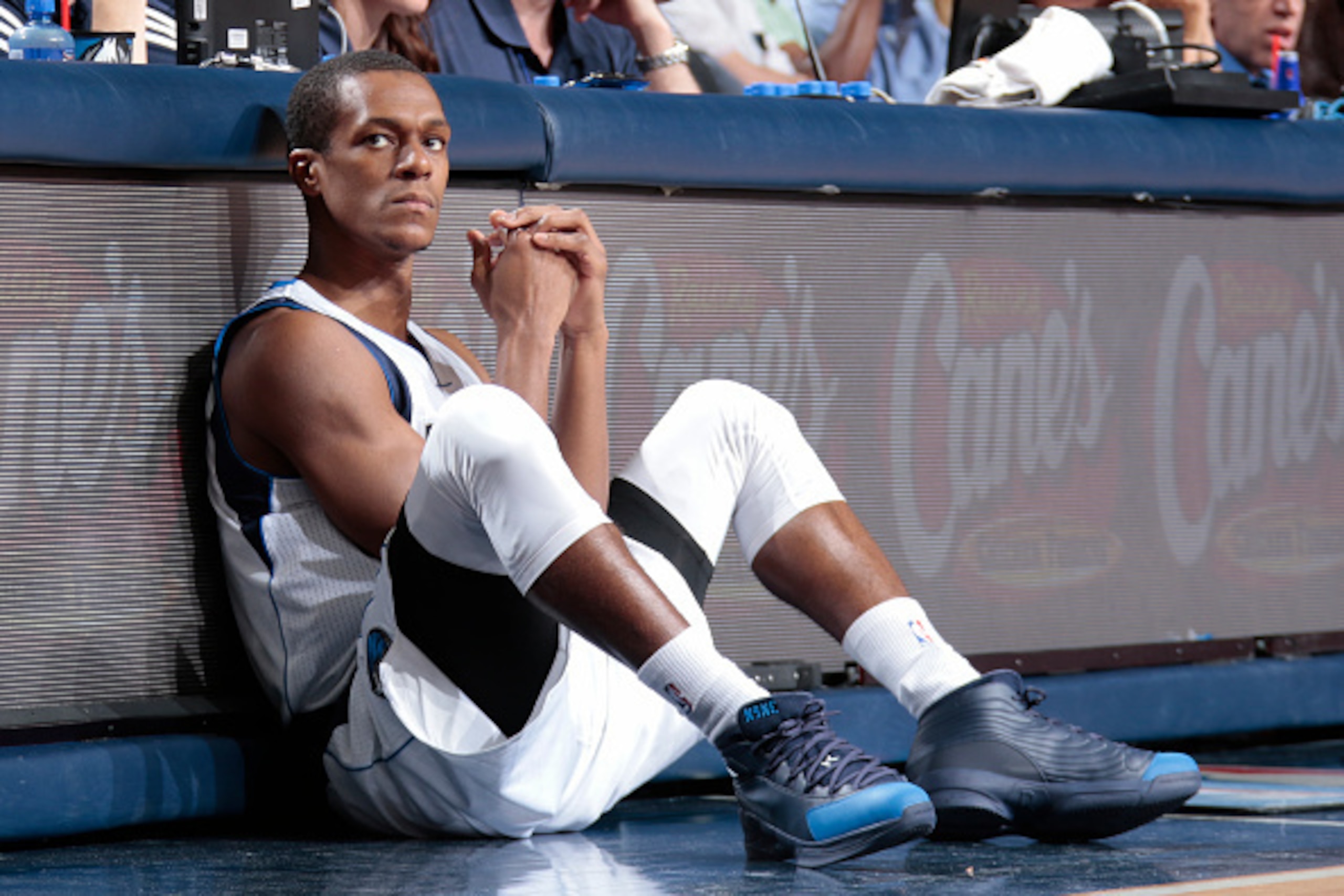 DALLAS, TX - APRIL 15: Rajon Rondo #9 of the Dallas Mavericks waits to check in during a game against the Portland Trail Blazers on April 15, 2015 at the American Airlines Center in Dallas, Texas. NOTE TO USER: User expressly acknowledges and agrees that, DALLAS, TX - APRIL 15: Rajon Rondo #9 of the Dallas Mavericks waits to check in during a game against the Portland Trail Blazers on April 15, 2015 at the American Airlines Center in Dallas, Texas. NOTE TO USER: User expressly acknowledges and agrees that,