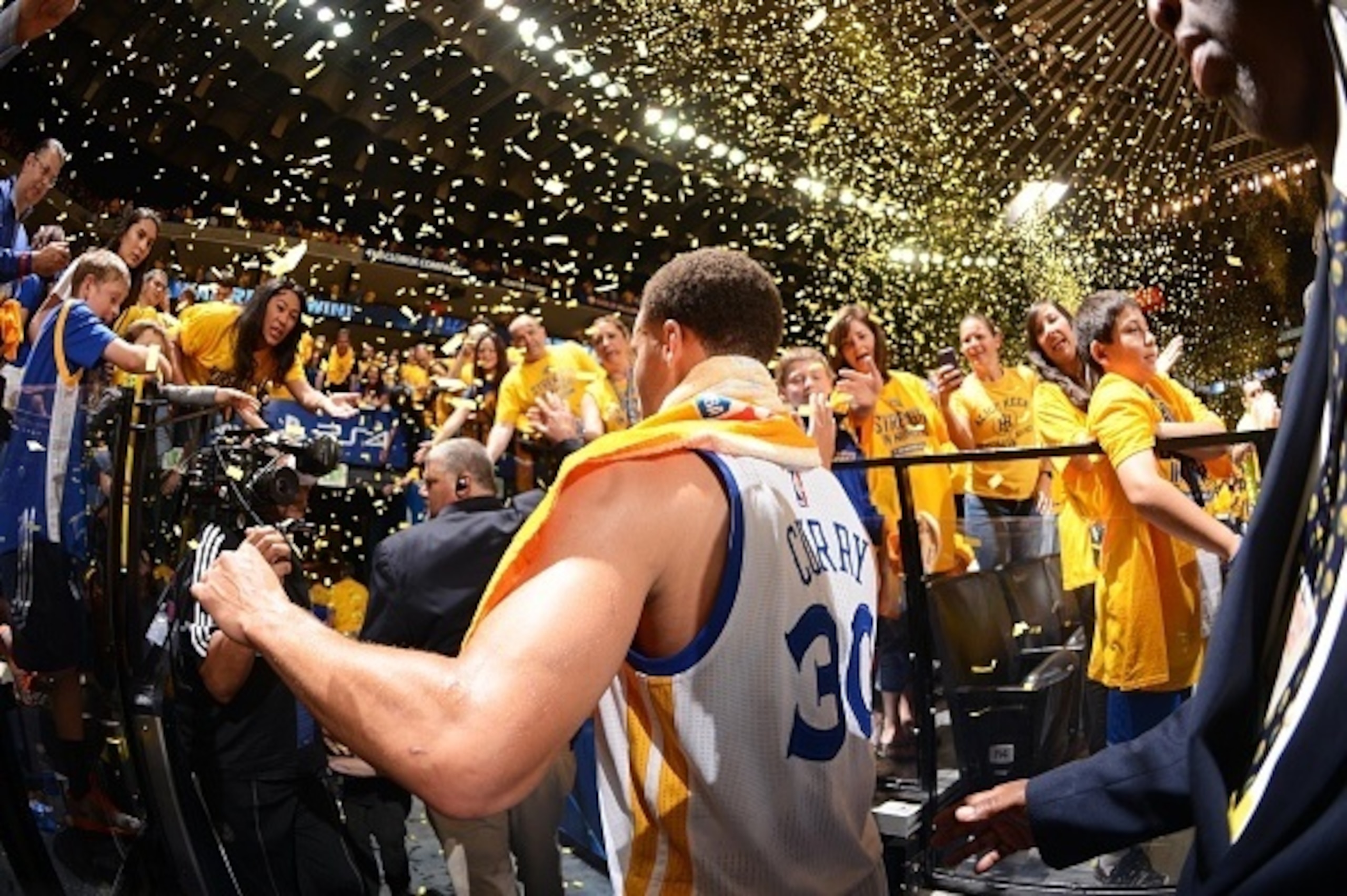 OAKLAND, CA MAY 3:  Stephen Curry #30 of the Golden State Warriors after the win against the Memphis Grizzlies in Game One of the Western Conference Semifinals of the 2015 NBA Playoffs on May 3, 2015 at Oracle Arena in Oakland, California. NOTE TO USER: U