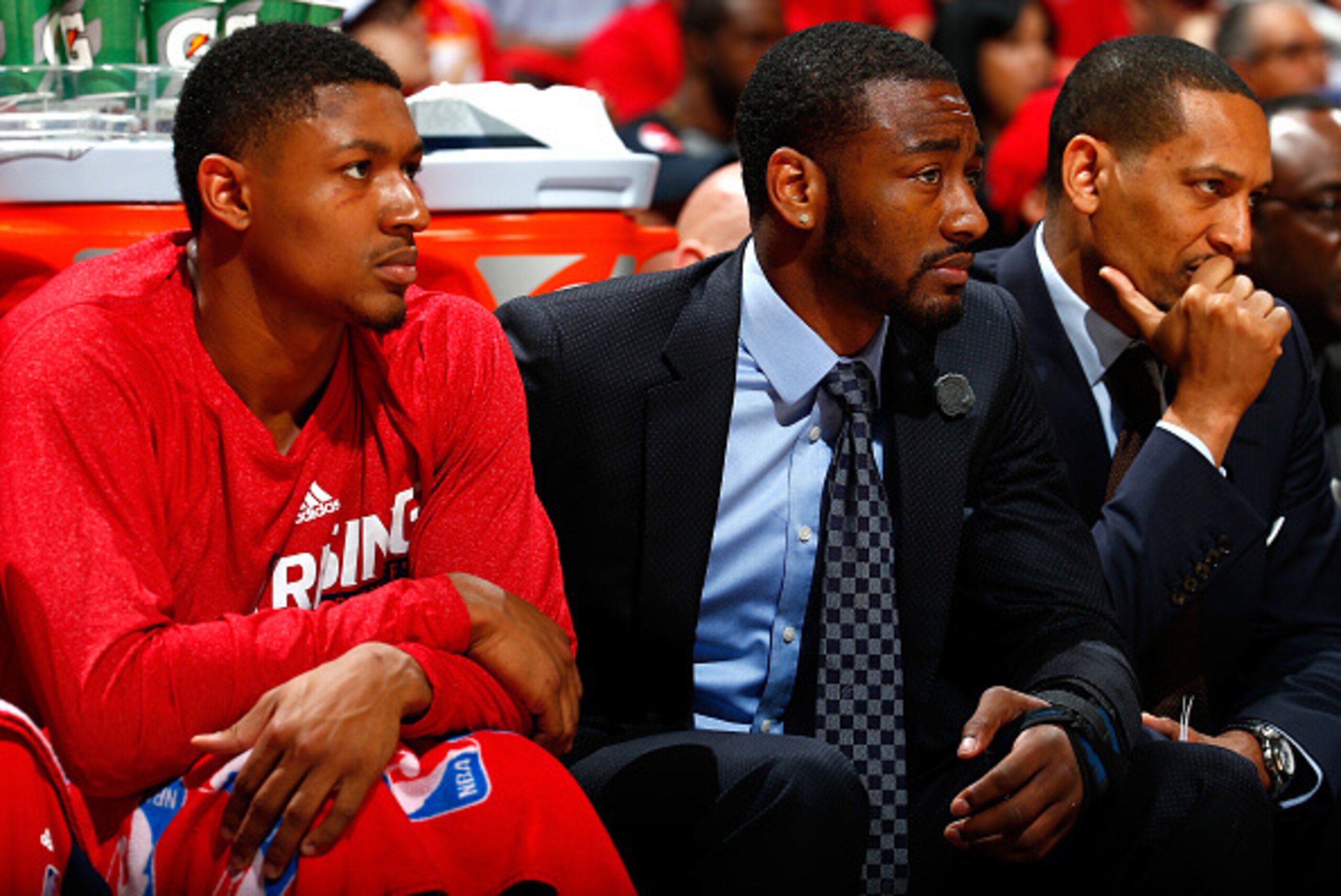 ATLANTA, GA - MAY 05:  John Wall #2 of the Washington Wizards sits on the bench with Bradley Beal #3 during Game Two of the Eastern Conference Semifinals of the 2015 NBA Playoffs against the Atlanta Hawks at Philips Arena on May 5, 2015 in Atlanta, Georgi