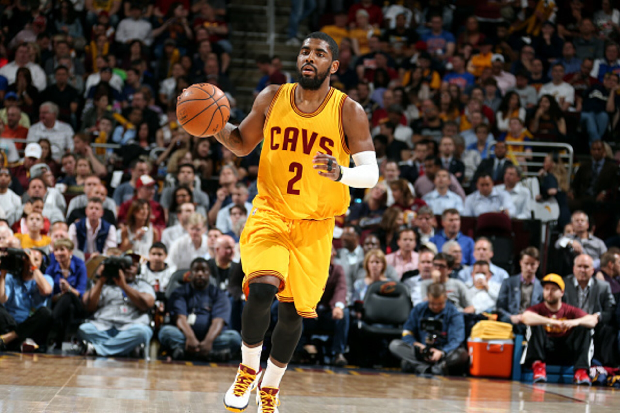CLEVELAND, OH - MAY 6: Kyrie Irving #2 of the Cleveland Cavaliers drives against the Chicago Bulls in Game Two of the Eastern Conference Semifinals during the 2015 NBA Playoffs on May 6, 2015 at Quicken Loans Arena in Cleveland, Ohio.  NOTE TO USER: User 