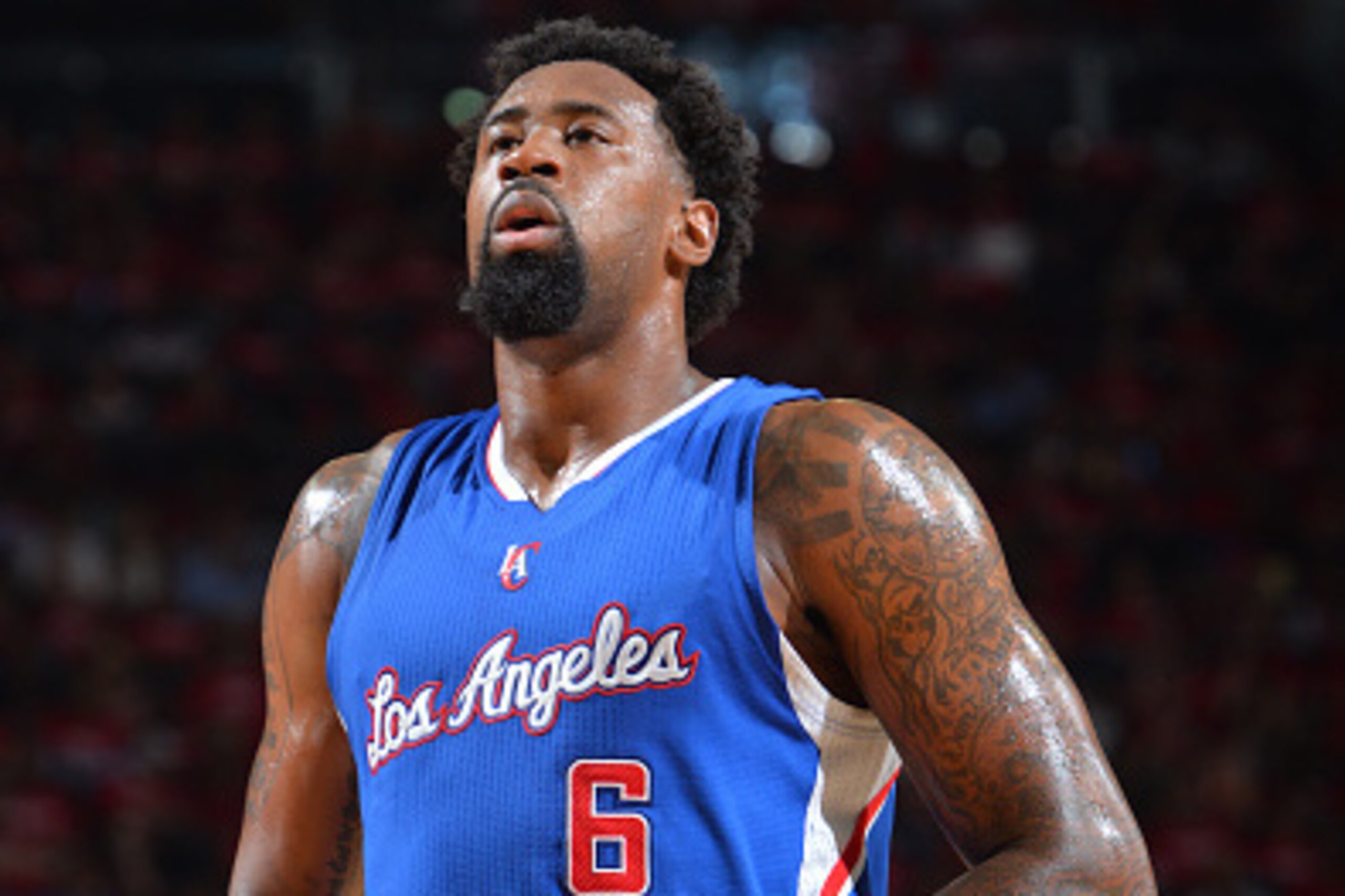 HOUSTON,TX : DeAndre Jordan #6 of the Los Angeles Clippers shoots a foul shot against the Houston Rockets at the Toyota Center During Game Two of the Western Conference Semifinals during the 2015 NBA Playoffs on May 6, 2015 in Houston,Texas NOTE TO USER: 