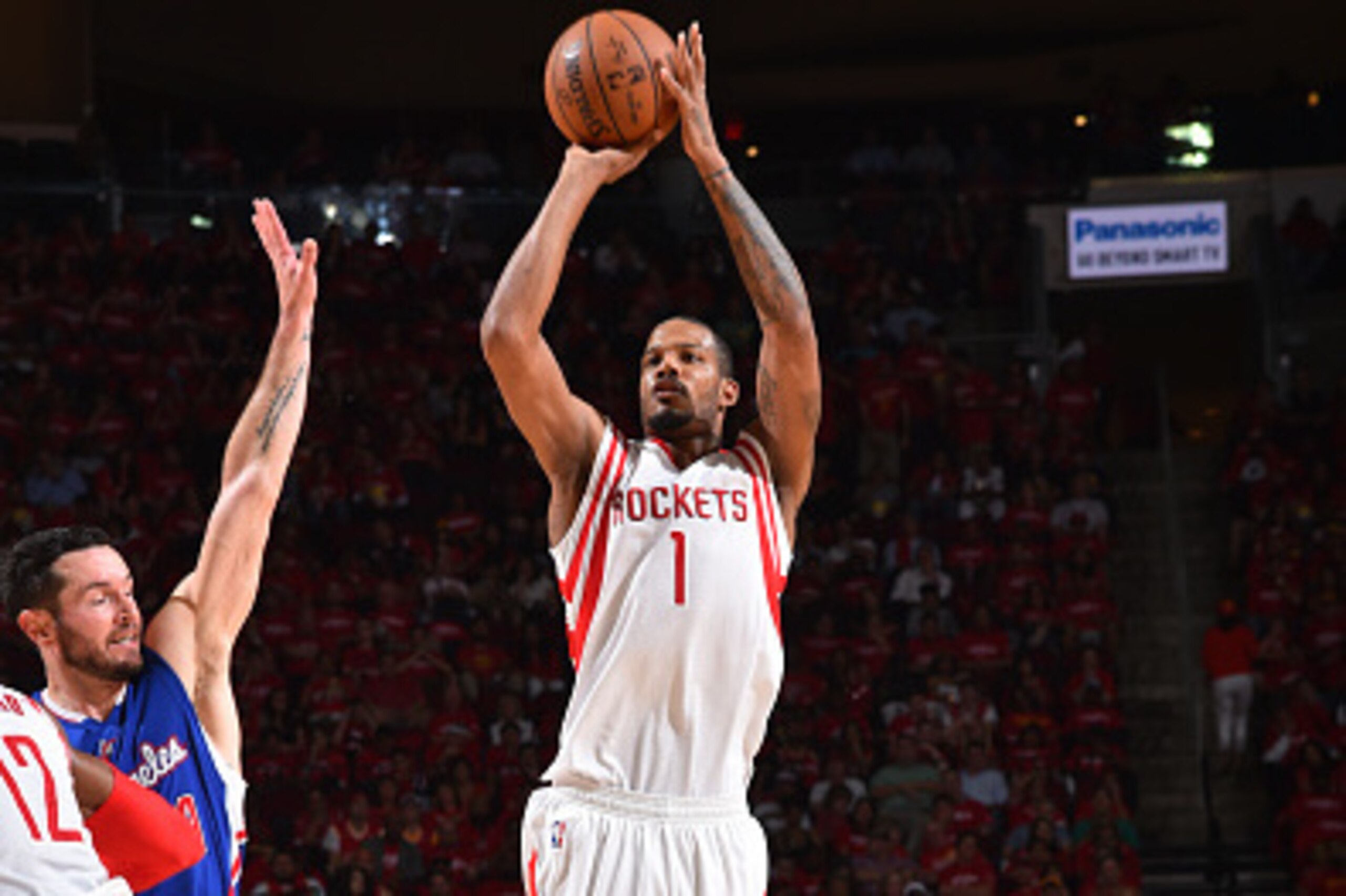 HOUSTON,TX : Trevor Ariza #1 of the Houston Rockets shoots the ball against the Los Angeles Clippers at the Toyota Center During Game Two of the Western Conference Semifinals during the 2015 NBA Playoffs on May 6, 2015 in Houston,Texas NOTE TO USER: User 