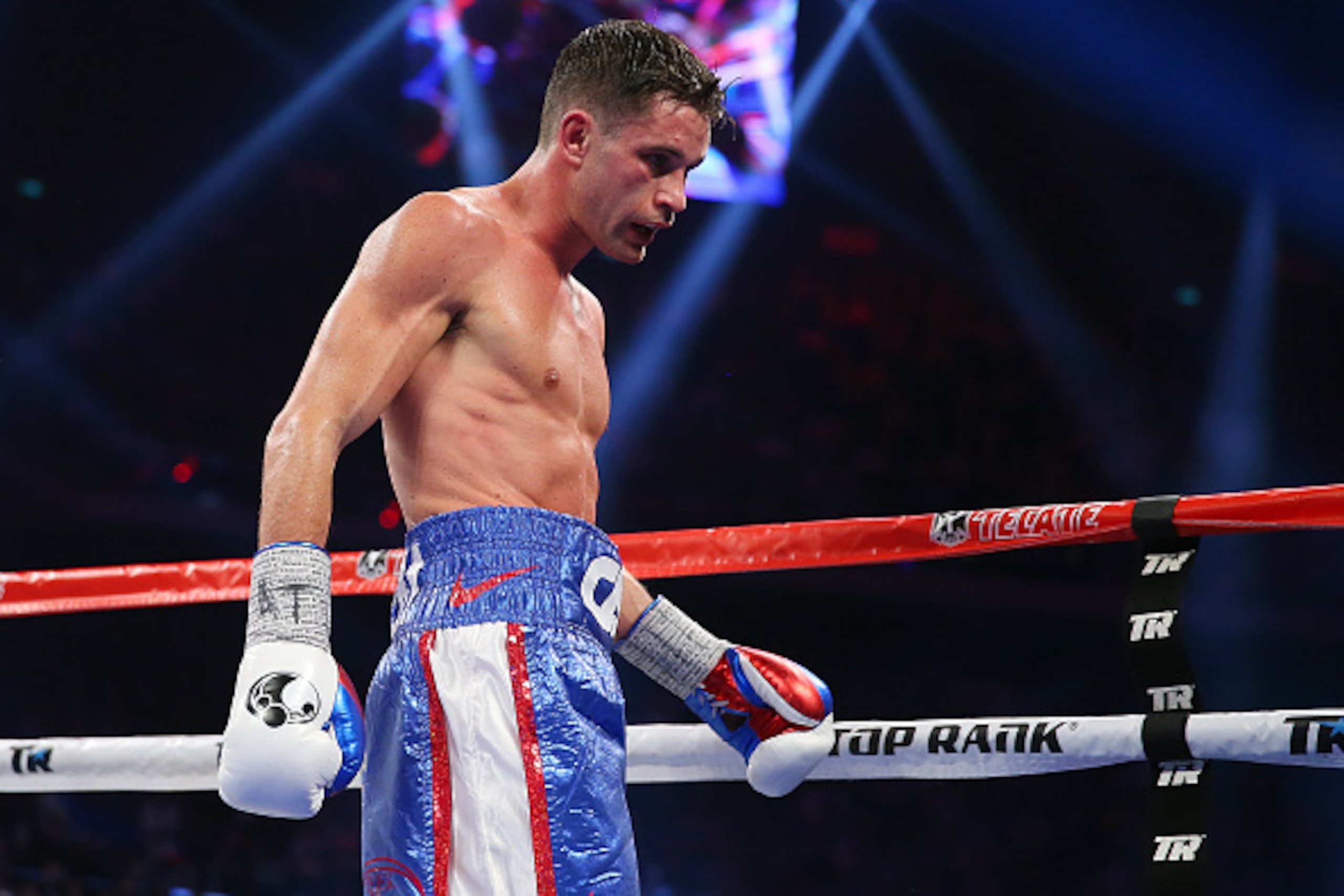 MACAU - NOVEMBER 23: Chris Algieri of the United States walks to his corner after being knocked down by Manny Pacquiao of the Philippines during the world welterweight title at The Venetian on November 23, 2014 in Macau, Macau.  (Photo by Chris Hyde/Getty