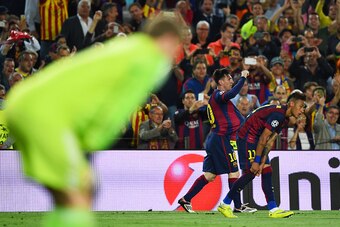 BARCELONA, SPAIN - MAY 06:  Lionel Messi of Barcelona celebrates after scoring a goal as a dejected Manuel Neuer of Bayern Muenchen looks on during the UEFA Champions League Semi Final, first leg match between FC Barcelona and FC Bayern Muenchen at Camp N