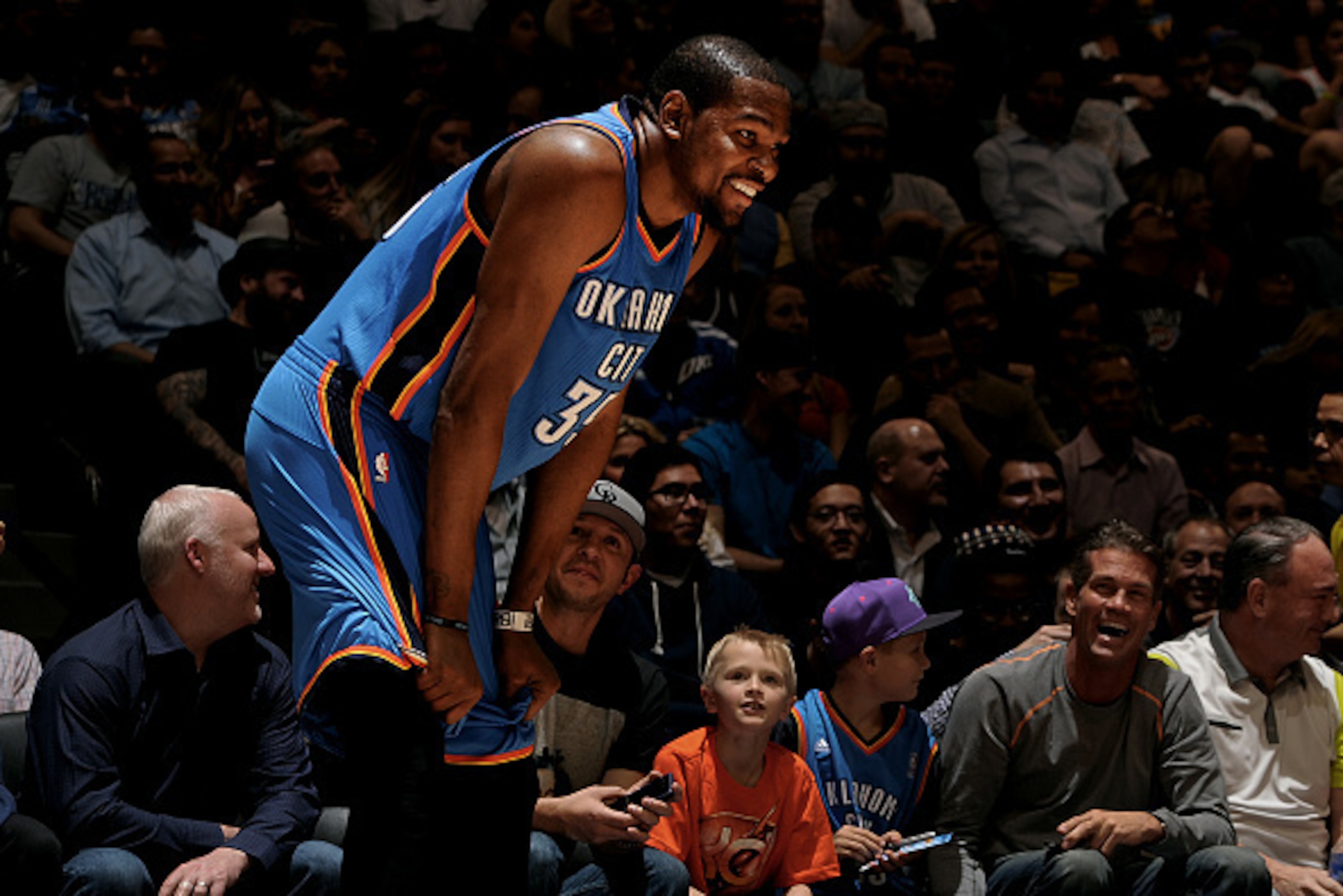 DENVER, CO - FEBRUARY 9: Kevin Durant #35 of the Oklahoma City Thunder stands on the court during a game against the Denver Nuggets on February 9, 2015 at the Pepsi Center in Denver, Colorado. NOTE TO USER: User expressly acknowledges and agrees that, by 