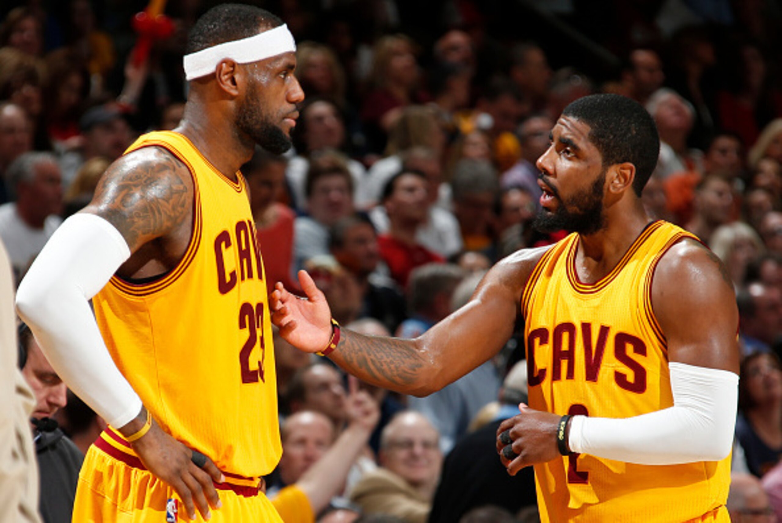 CLEVELAND, OHIO - MAY 6: LeBron James #23 and Kyrie Irving #2 of the Cleveland Cavaliers during Game Two of the Eastern Conference Semifinals against the Chicago Bulls during the NBA Playoffs on May 6, 2015 at Quicken Loans Arena in Cleveland, Ohio.  NOTE
