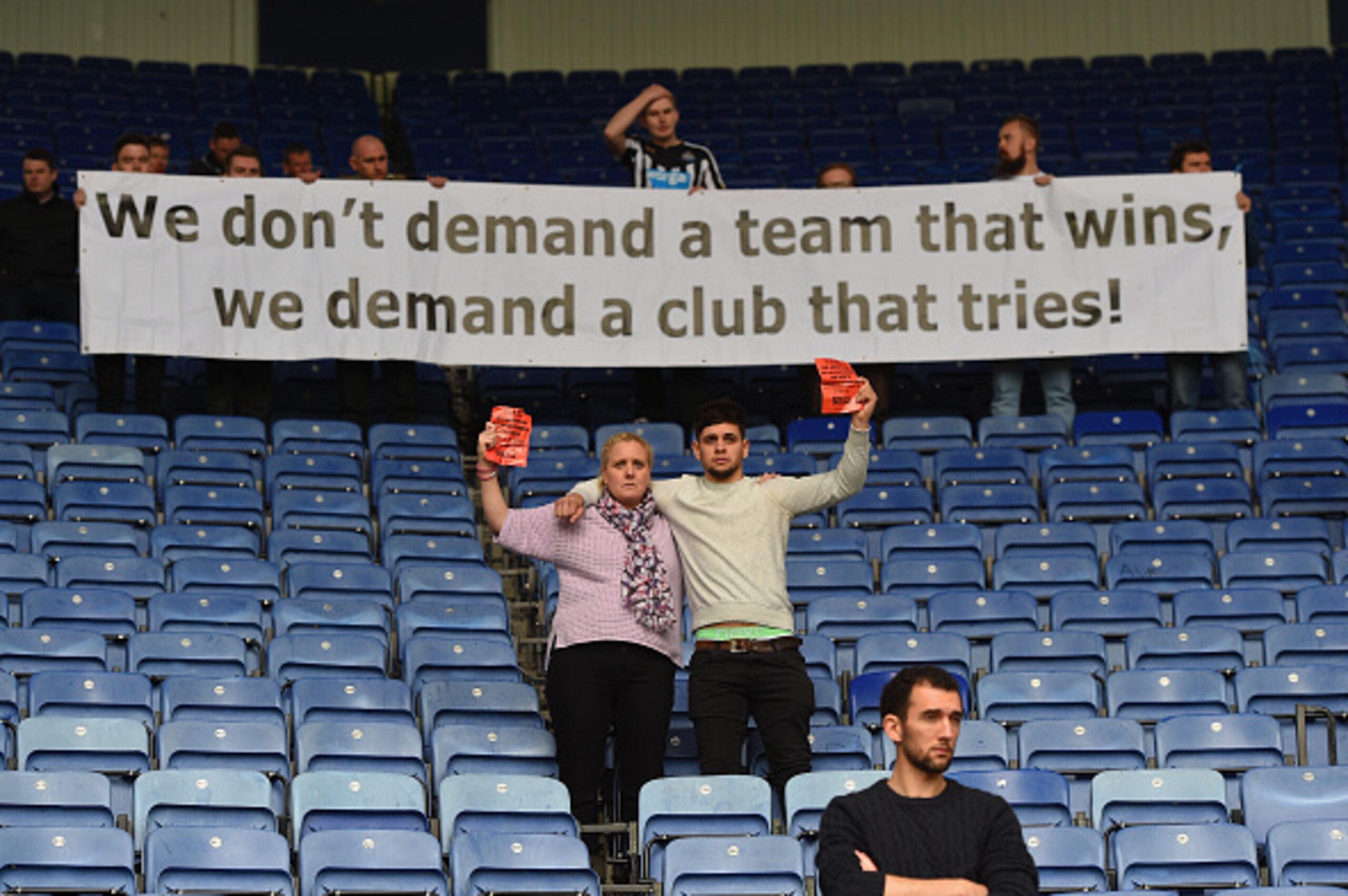 LEICESTER, ENGLAND - MAY 02:  Newcastle fans protest against owner Mike Ashley during the Barclays Premier League match between Leicester City and Newcastle United at The King Power Stadium on May 2, 2015 in Leicester, England.  (Photo by Michael Regan/Ge