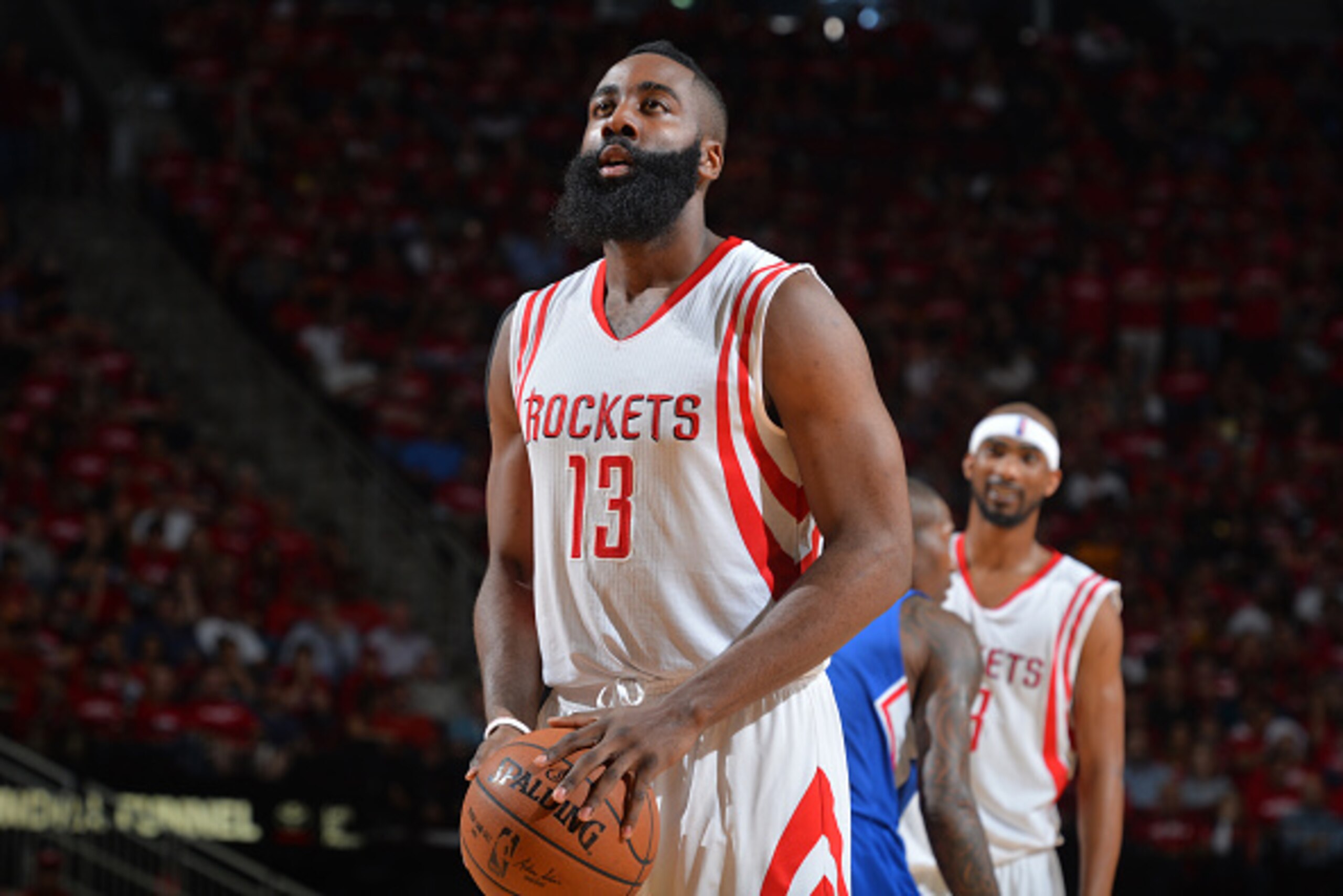 HOUSTON,TX : James Harden #13 of the Houston Rockets shoots a foul shot  against the Los Angeles Clippers at the Toyota Center During Game Two of the Western Conference Semifinals during the 2015 NBA Playoffs on May 6, 2015 in Houston,Texas NOTE TO USER: 