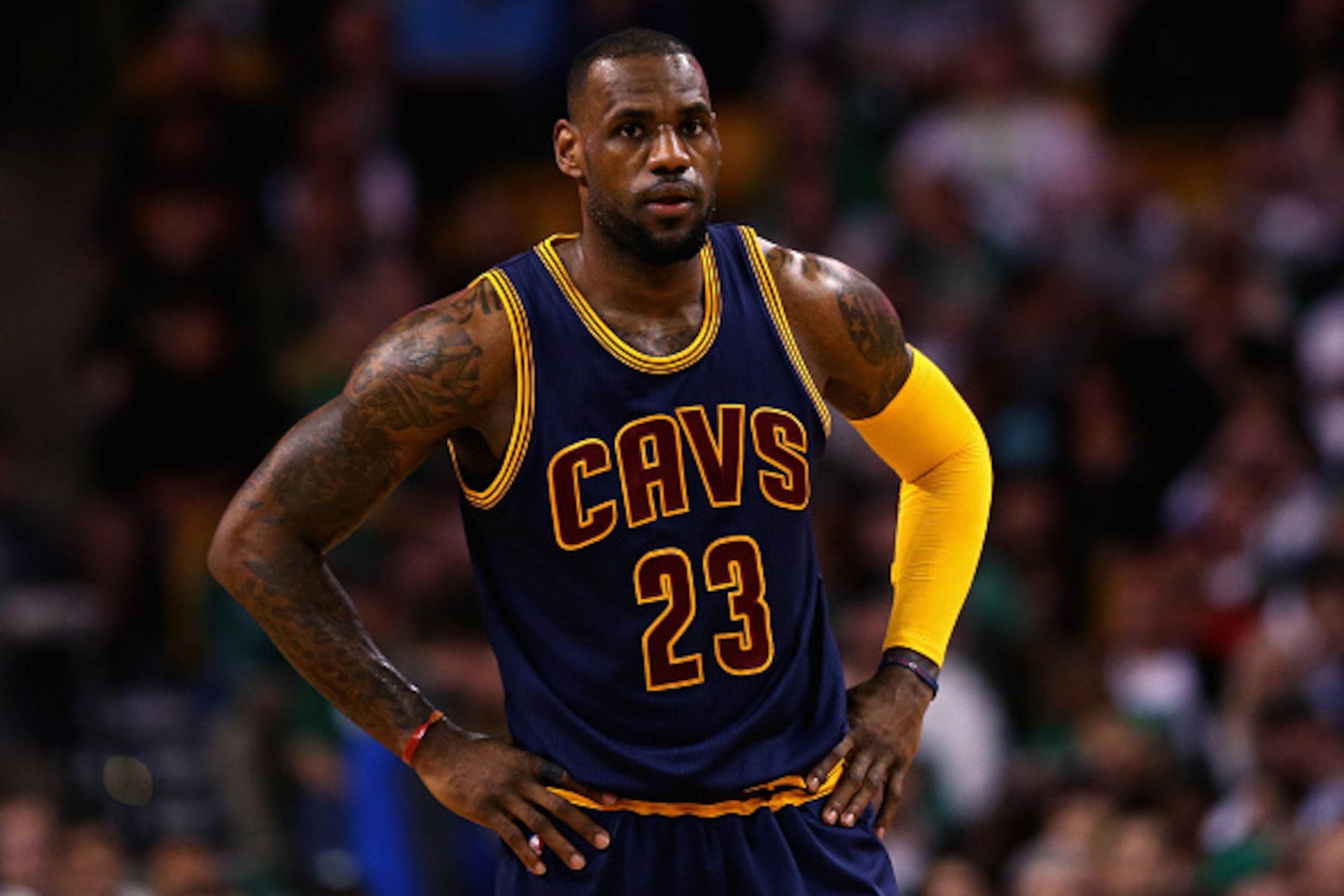BOSTON, MA - APRIL 23:  LeBron James #23 of the Cleveland Cavaliers looks on during the first quarter against the Boston Celtics in the first round of the 2015 NBA Playoffs at TD Garden on April 23, 2015 in Boston, Massachusetts. NOTE TO USER: User expres
