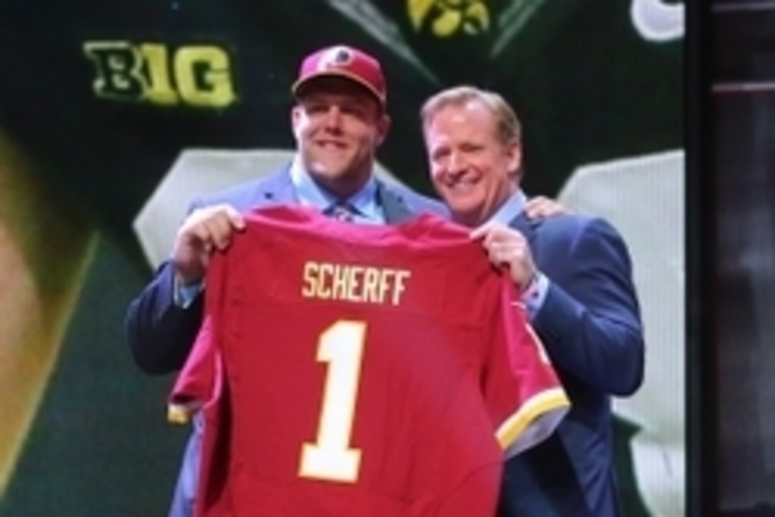 Apr 30, 2015; Chicago, IL, USA; Brandon Scherff (Iowa) poses for a photo with NFL commissioner Roger Goodell after being selected as the number fifth overall pick to the Washington Redskins in the first round of the 2015 NFL Draft at the Auditorium Theatr Apr 30, 2015; Chicago, IL, USA; Brandon Scherff (Iowa) poses for a photo with NFL commissioner Roger Goodell after being selected as the number fifth overall pick to the Washington Redskins in the first round of the 2015 NFL Draft at the Auditorium Theatr
