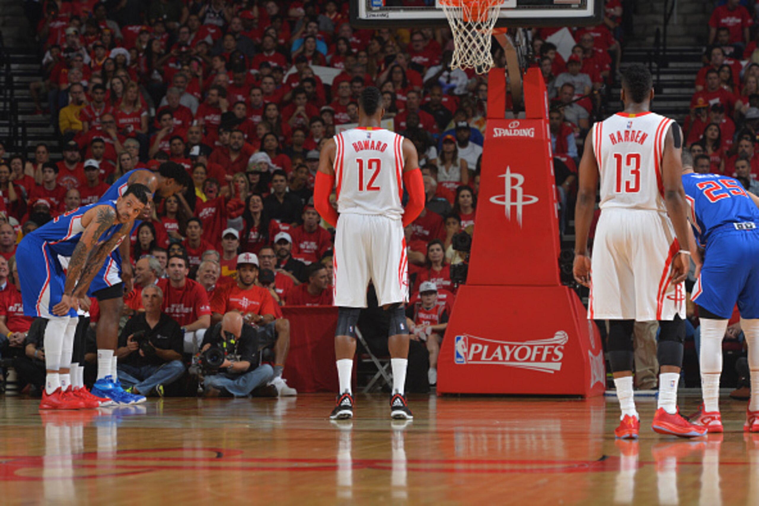 HOUSTON,TX :  Dwight Howard #12 of the Houston Rockets shoots a foul shot against the Los Angeles Clippers at the Toyota Center During Game Two of the Western Conference Semifinals during the 2015 NBA Playoffs on May 6, 2015 in Houston,Texas NOTE TO USER: