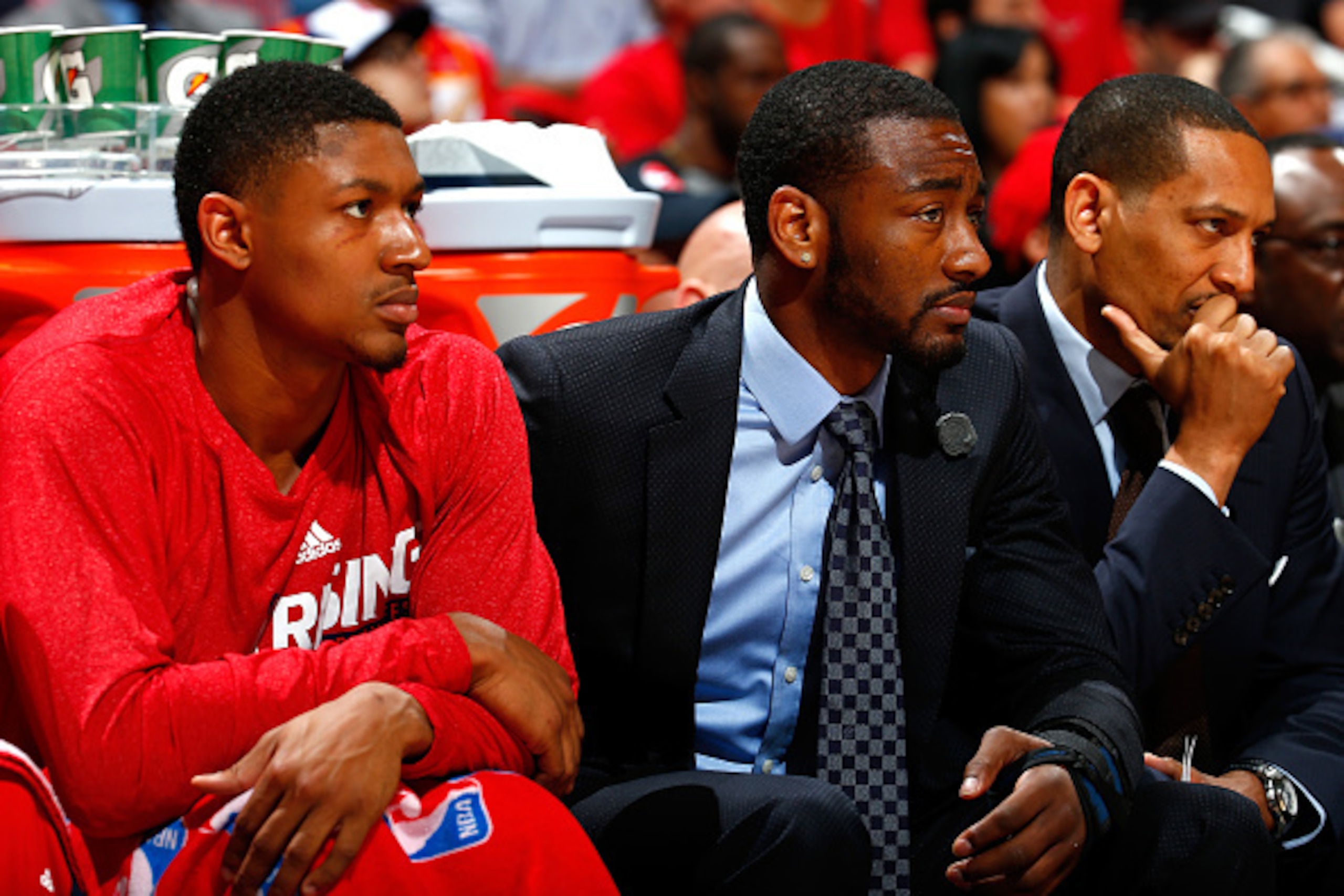 ATLANTA, GA - MAY 05:  John Wall #2 of the Washington Wizards sits on the bench with Bradley Beal #3 during Game Two of the Eastern Conference Semifinals of the 2015 NBA Playoffs against the Atlanta Hawks at Philips Arena on May 5, 2015 in Atlanta, Georgi