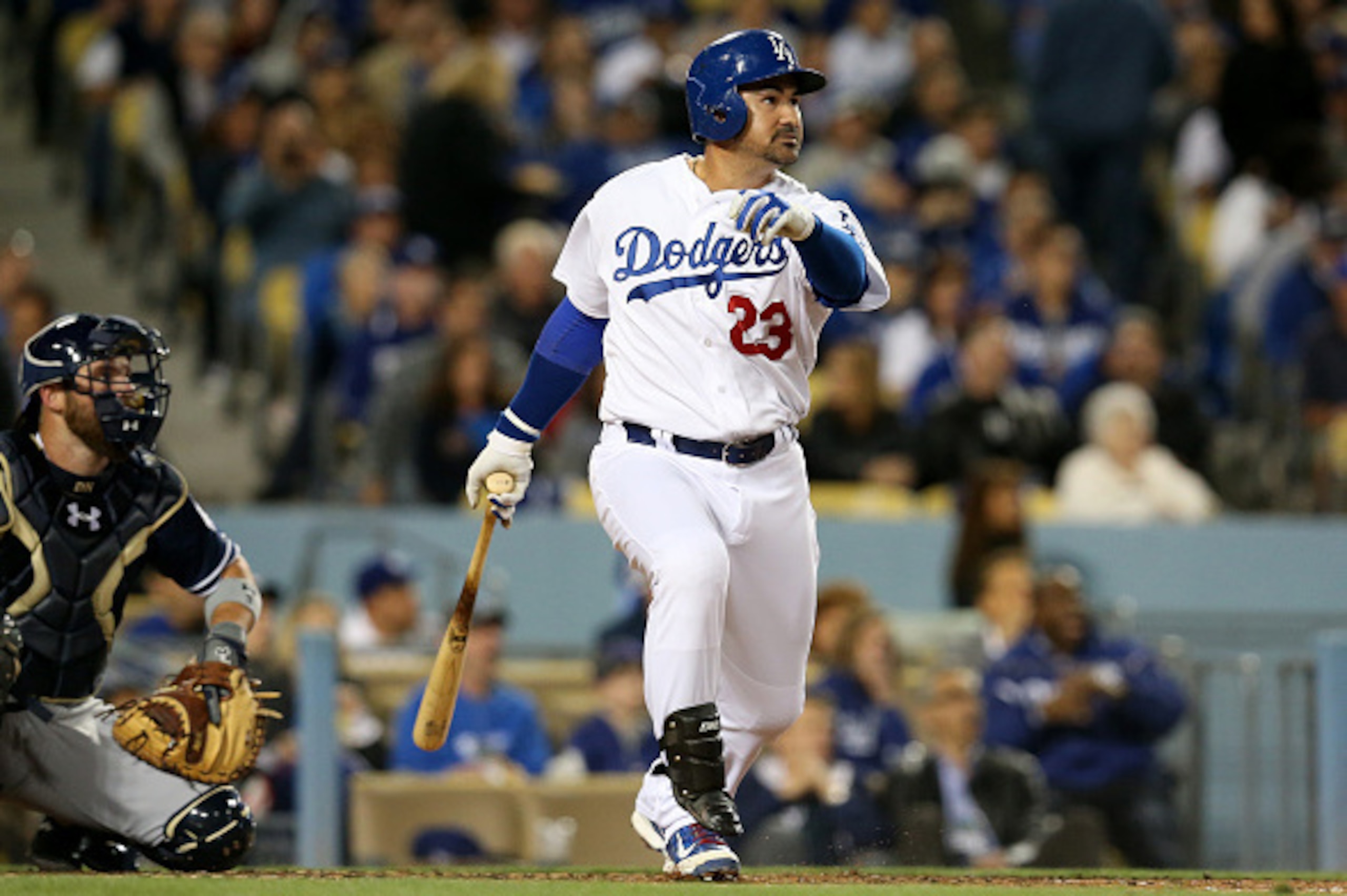 LOS ANGELES, CA - APRIL 08:  Adrian Gonzalez #23 of the Los Angeles Dodgers hits his second home run of the game, a solo shot in the third inning against the San Diego Padres at Dodger Stadium on April 8, 2015 in Los Angeles, California.  (Photo by Stephe