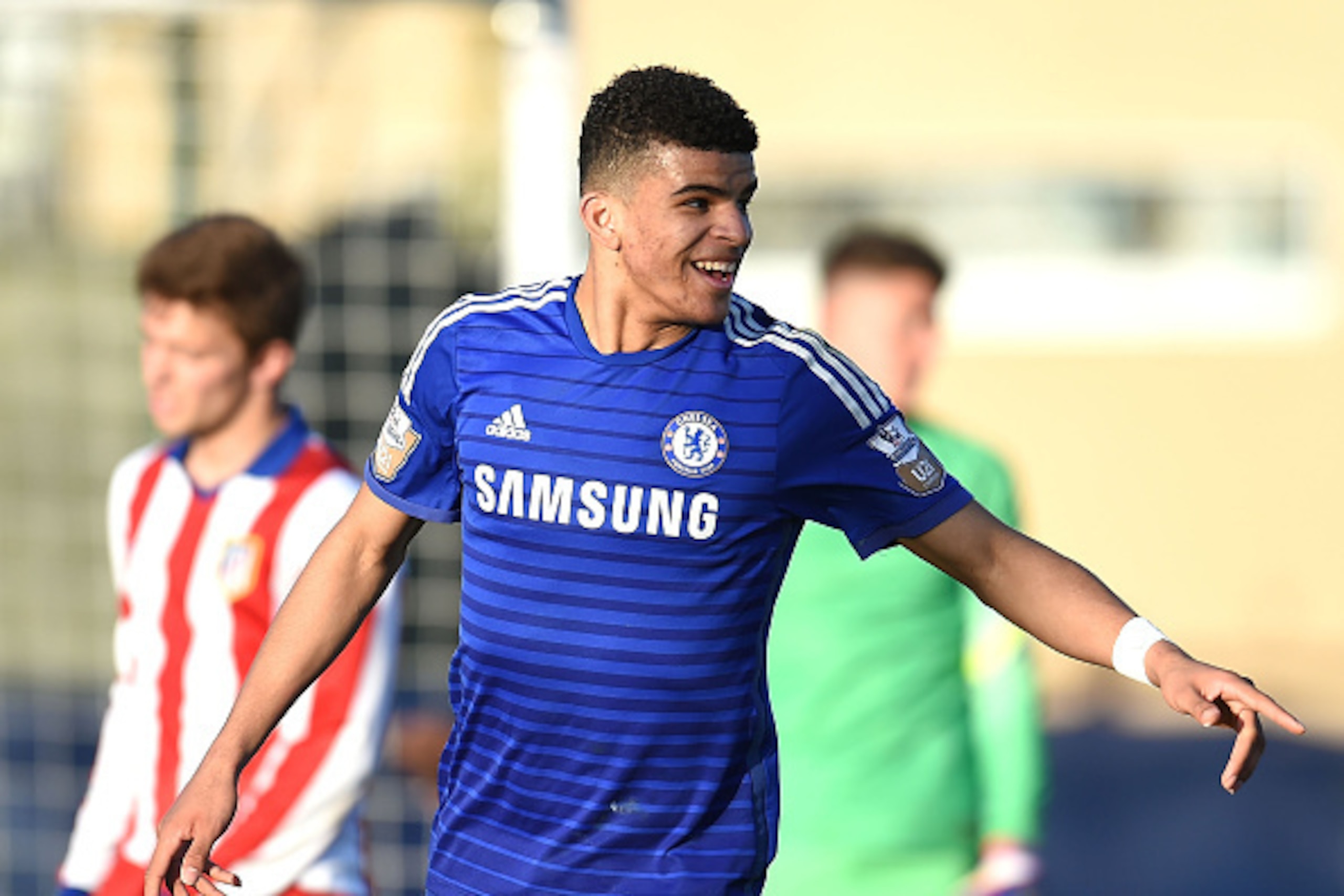COBHAM, ENGLAND - MARCH 10: Dominic Solanke of Chelsea celebrates scoring a goal during the UEFA Youth League Quarter Final match between Chelsea and Atletico Madrid at Chelsea Training Ground on March 10, 2015 in Cobham, England. (Photo by Tom Dulat/Ge COBHAM, ENGLAND - MARCH 10: Dominic Solanke of Chelsea celebrates scoring a goal during the UEFA Youth League Quarter Final match between Chelsea and Atletico Madrid at Chelsea Training Ground on March 10, 2015 in Cobham, England. (Photo by Tom Dulat/Ge
