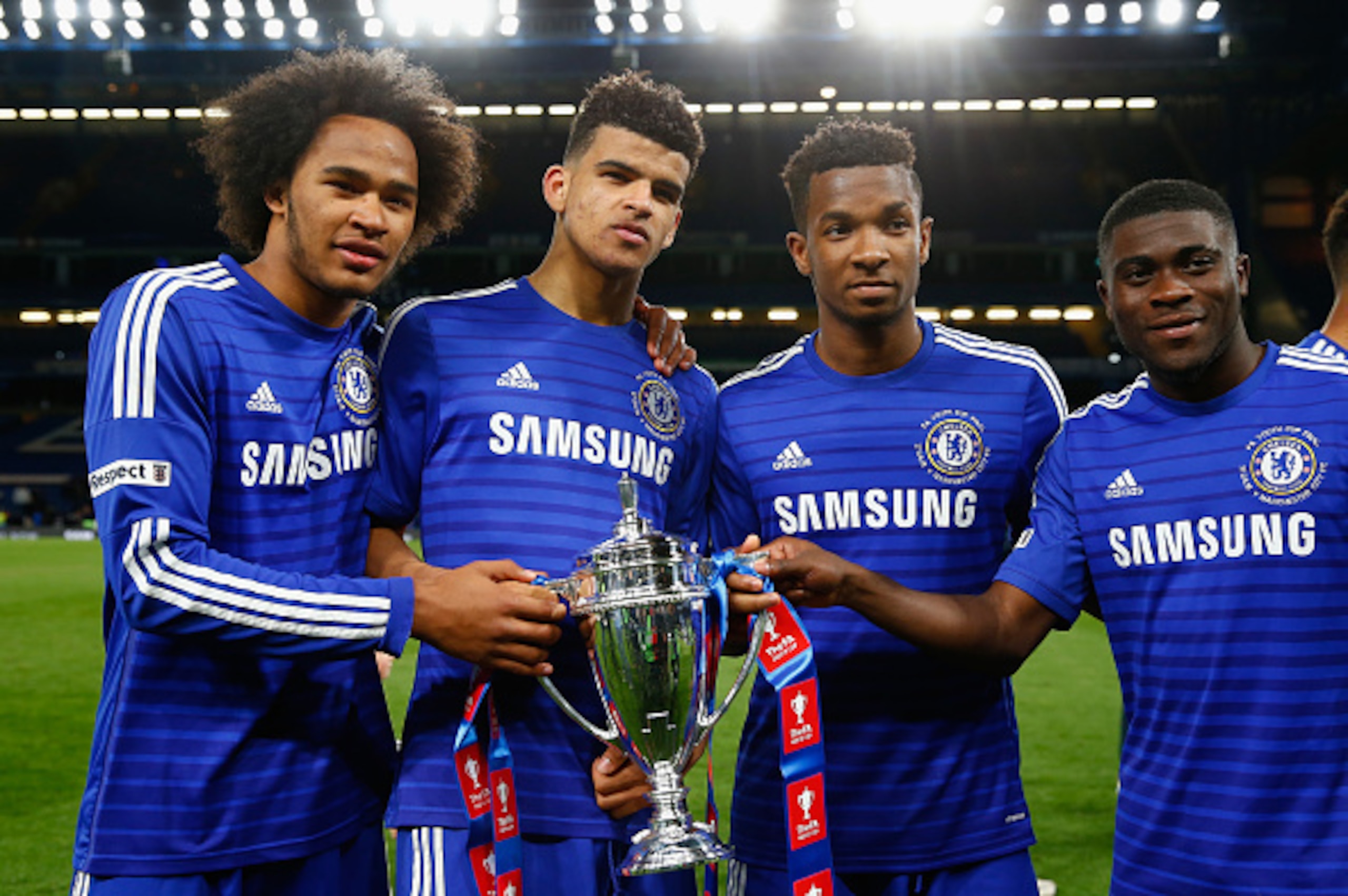 LONDON, ENGLAND - APRIL 27: (L-R) Isaiah Brown, Dominic Solanke, Kasey Palmer and Jeremie Boga of Chelsea with the winners trophy during the FA Youth Cup Final second leg match between Chelsea and Manchester City at Stamford Bridge on April 27, 2015 in L LONDON, ENGLAND - APRIL 27: (L-R) Isaiah Brown, Dominic Solanke, Kasey Palmer and Jeremie Boga of Chelsea with the winners trophy during the FA Youth Cup Final second leg match between Chelsea and Manchester City at Stamford Bridge on April 27, 2015 in L