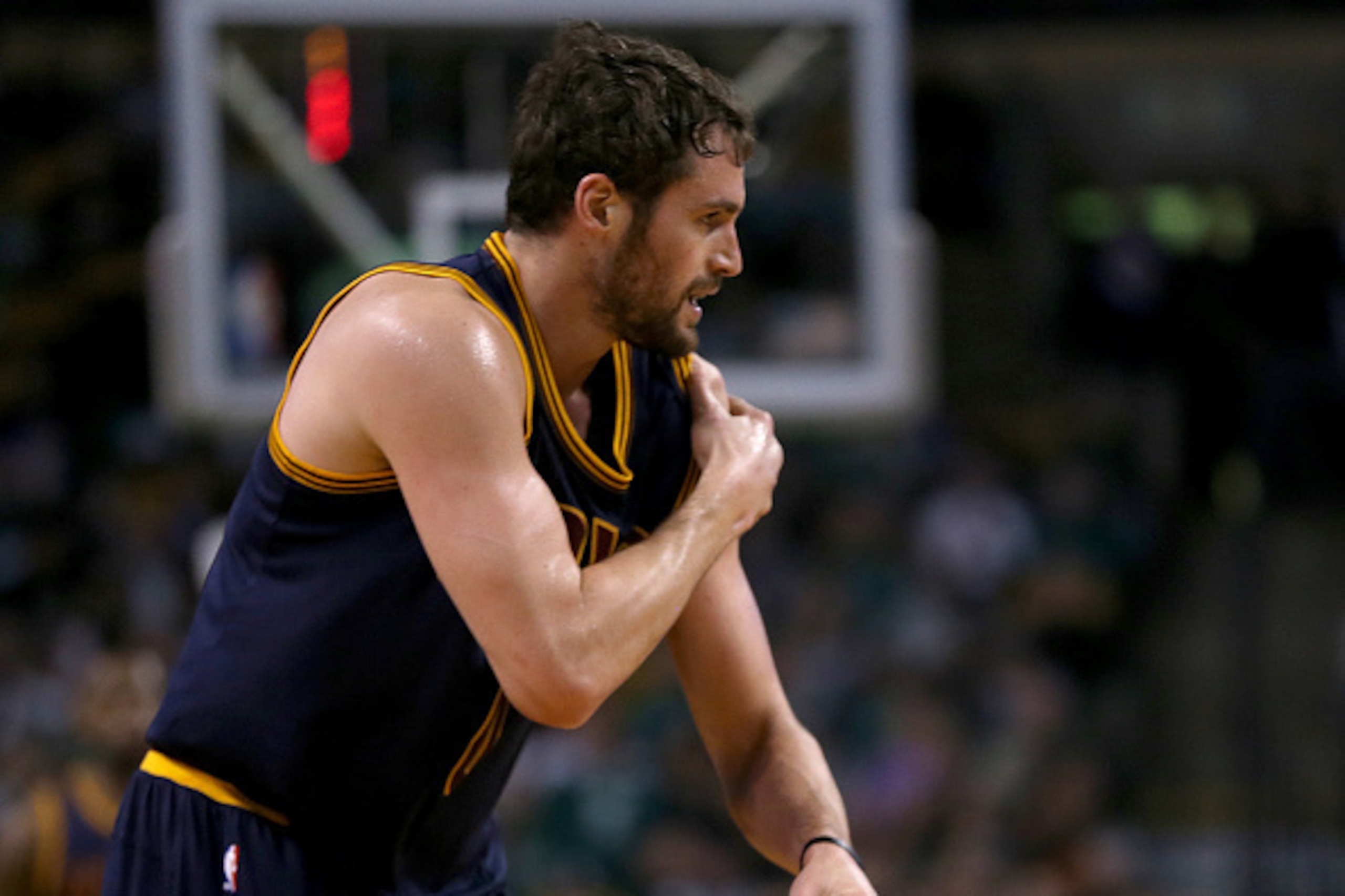 BOSTON, MA - APRIL 26: Kevin Love #0 of the Cleveland Cavaliers reacts after an injury against the Boston Celtics in the first quarter in Game Four during the first round of the 2015 NBA Playoffs on April 26, 2015 at TD Garden in Boston, Massachusetts. (P BOSTON, MA - APRIL 26: Kevin Love #0 of the Cleveland Cavaliers reacts after an injury against the Boston Celtics in the first quarter in Game Four during the first round of the 2015 NBA Playoffs on April 26, 2015 at TD Garden in Boston, Massachusetts. (P