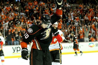 ANAHEIM, CA - MAY 03:  Corey Perry #10 of the Anaheim Ducks celebrates after assisting on a third period goal by Hampou Lindholm against the Calgary Flames in Game Two of the Western Conference Semifinals during the 2015 NHL Stanley Cup Playoffs at Honda 