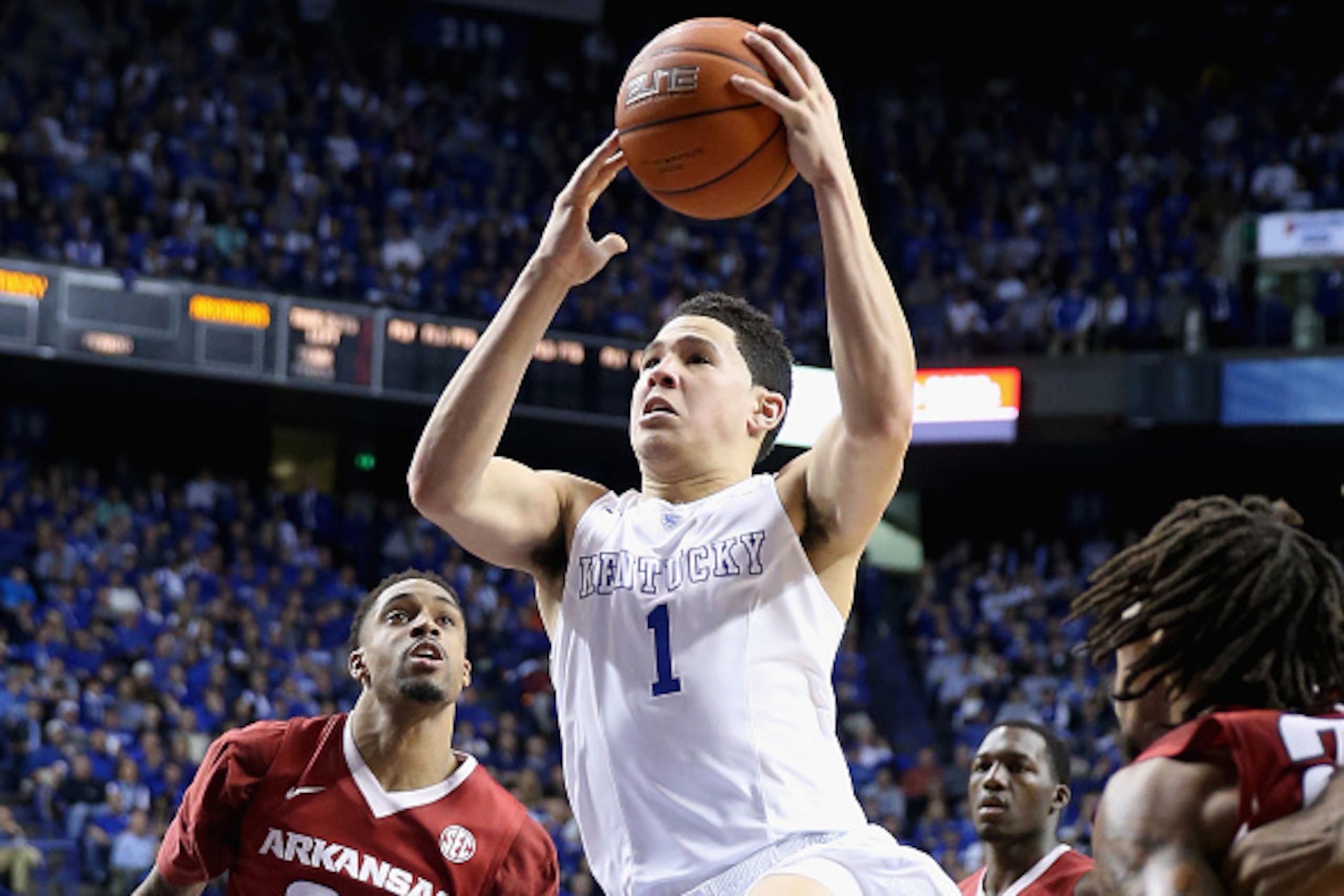 LEXINGTON, KY - FEBRUARY 28:  Devin Booker #1 of the Kentucky Wildcats shoots the ball during the game against the Arkansas Razorbacks at Rupp Arena on February 28, 2015 in Lexington, Kentucky.  (Photo by Andy Lyons/Getty Images)