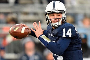 STATE COLLEGE, PA - NOVEMBER 29:  Christian Hackenberg #14 of the Penn State Nittany Lions throws a pass during the first quarter against the Michigan State Spartans at Beaver Stadium on November 29, 2014 in State College, Pennsylvania.  (Photo by Joe Sar