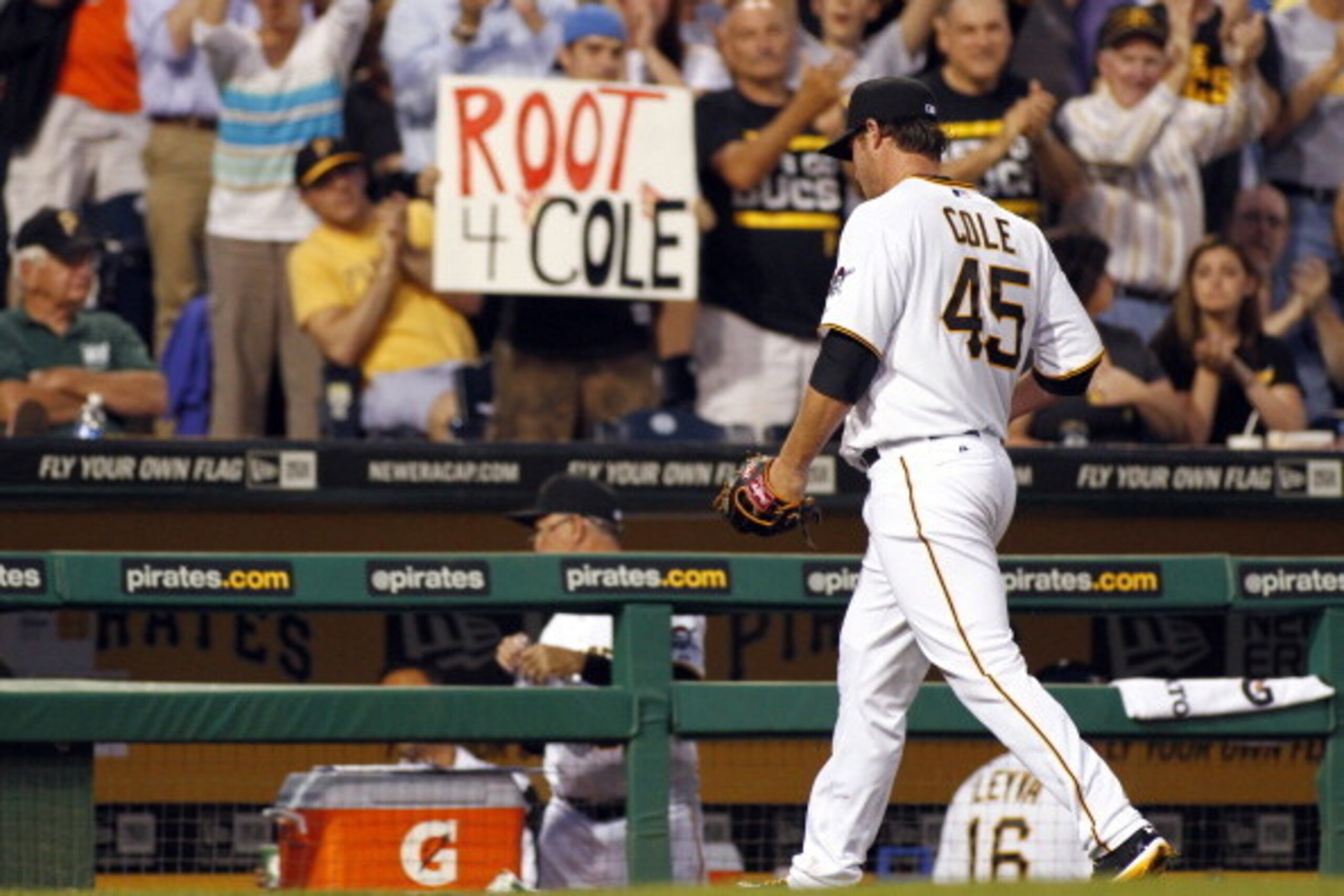 PITTSBURGH, PA - JUNE 11:  Gerrit Cole #45 of the Pittsburgh Pirates walks off the field in the sixth inning against the San Francisco Giants during the game on June 11, 2013 at PNC Park in Pittsburgh, Pennsylvania.  (Photo by Justin K. Aller/Getty Images