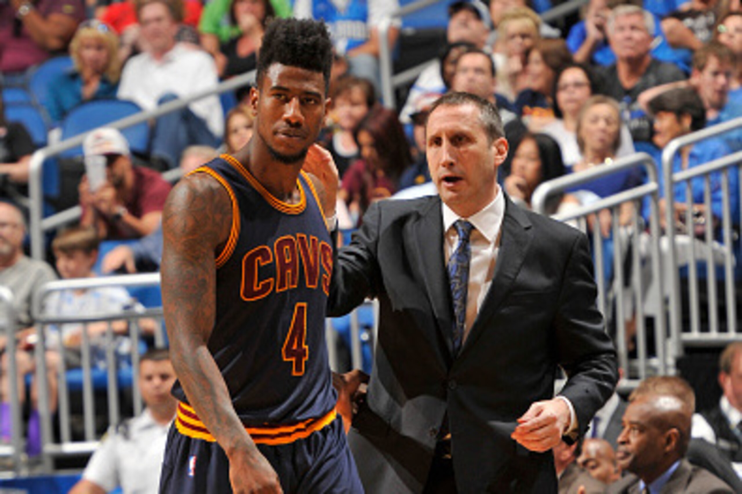 ORLANDO, FL - MARCH 15:  Iman Shumpert #4 and head coach David Blatt of the Cleveland Cavaliers talk during the game against the Orlando Magic on March 15, 2015 at Amway Center in Orlando, Florida. NOTE TO USER: User expressly acknowledges and agrees that